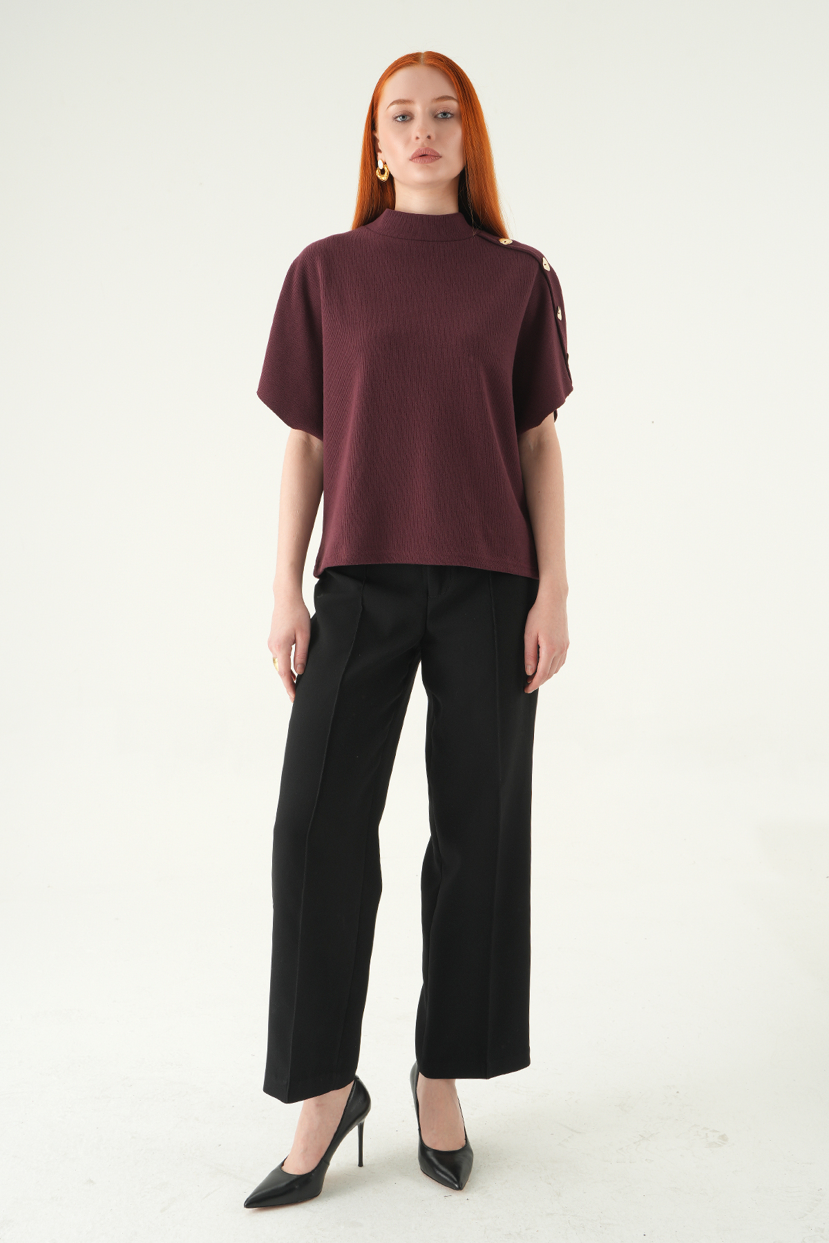 3119A Kol Düğmeli Tişört Mürdüm - 3