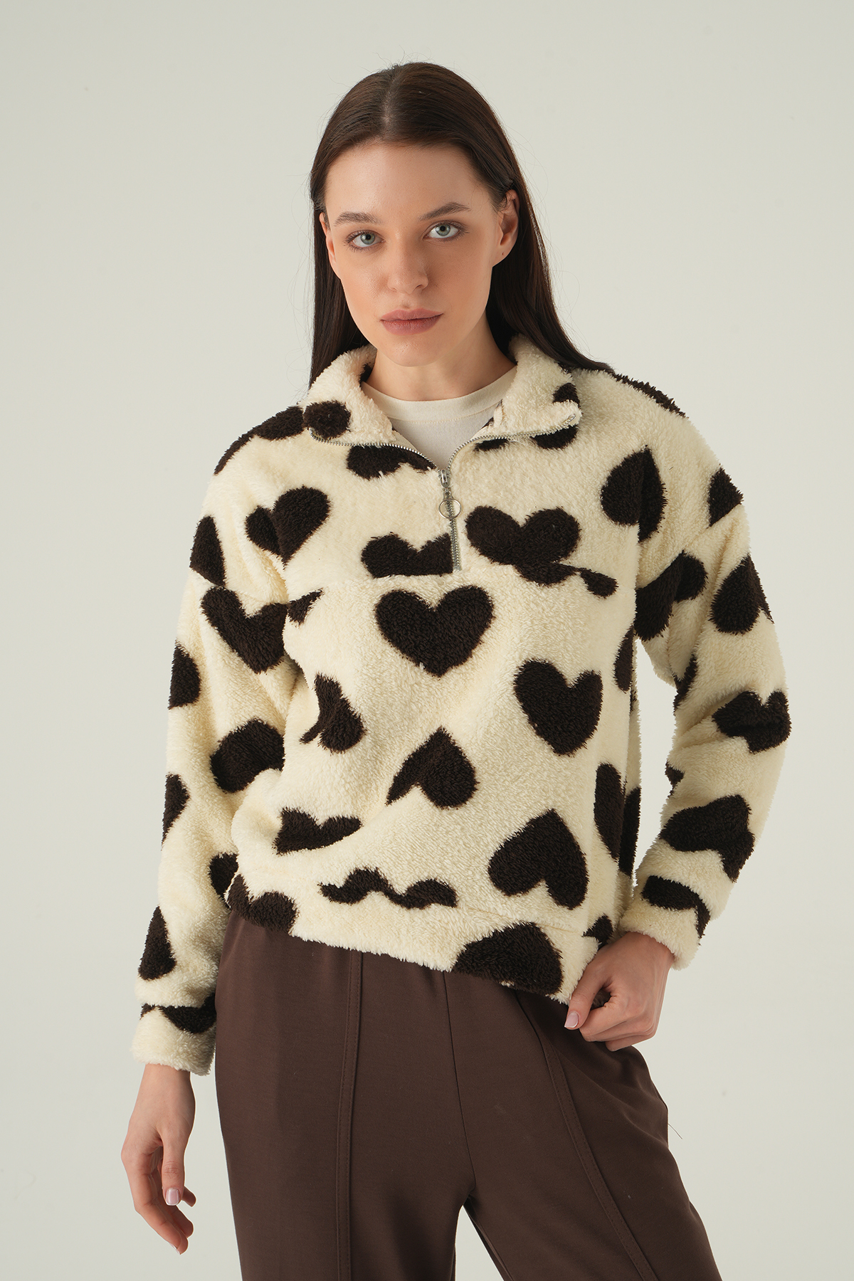 Kalpli Fermuarlı Sweat 3121A Bej - RAYS