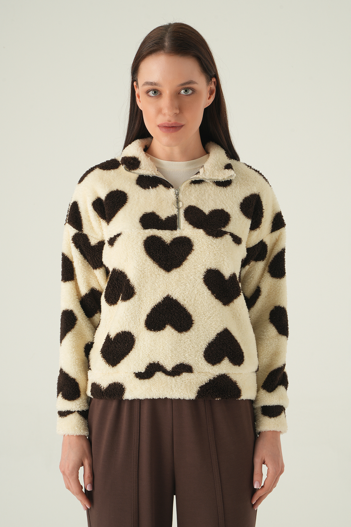 Kalpli Fermuarlı Sweat 3121A Bej - RAYS