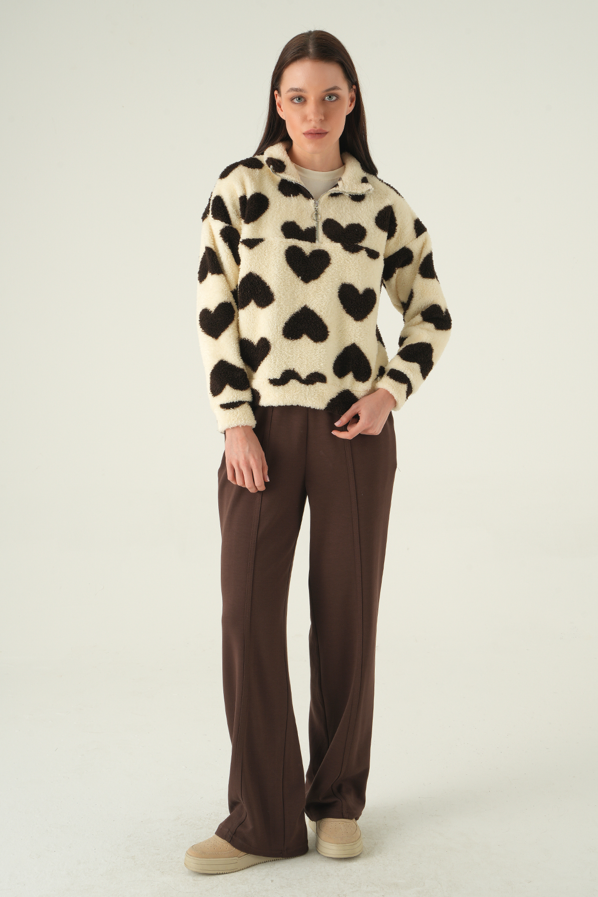 Kalpli Fermuarlı Sweat 3121A Bej - RAYS