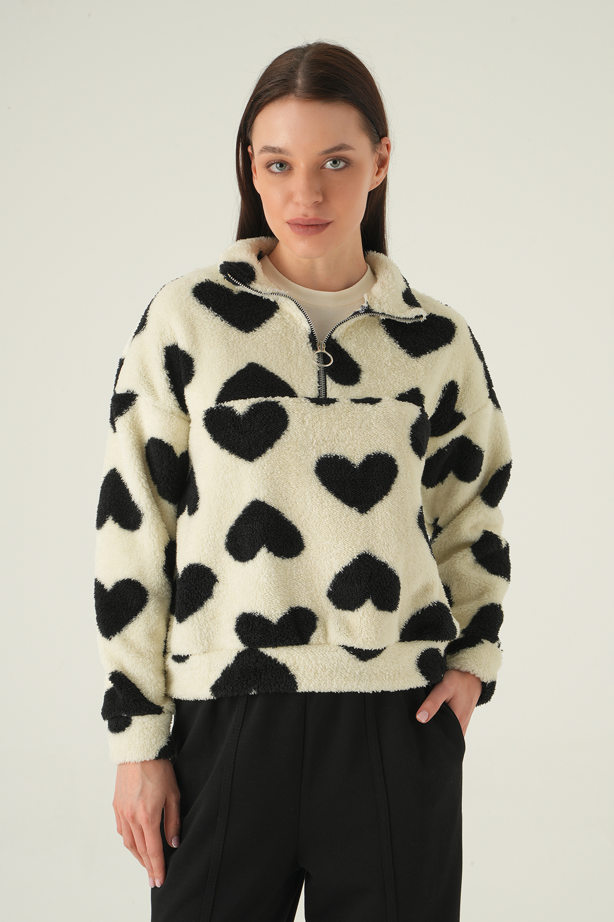 Kalpli Fermuarlı Sweat 3121A Ekru 