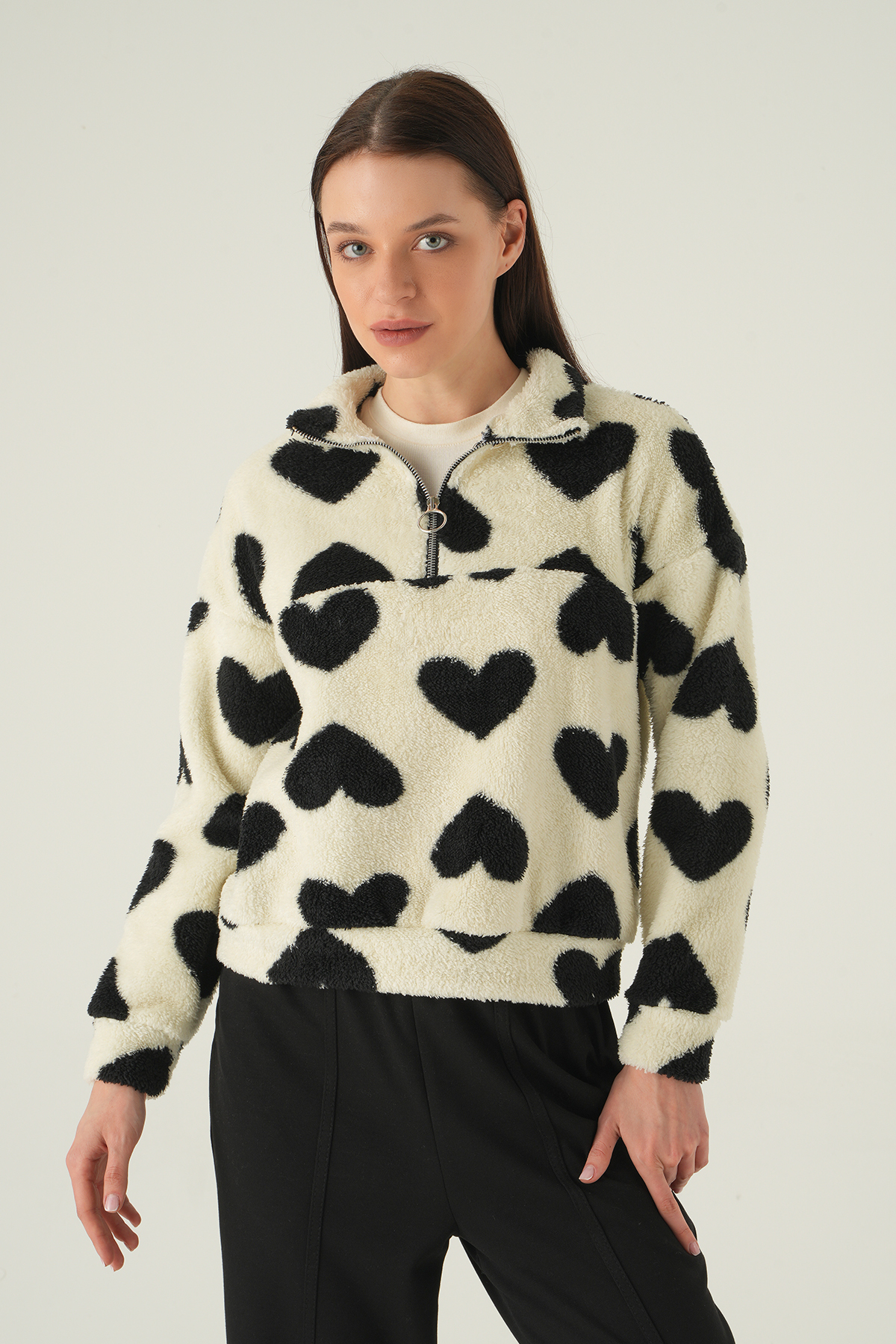 3121A Kalpli Fermuarlı Sweat Ekru - 2