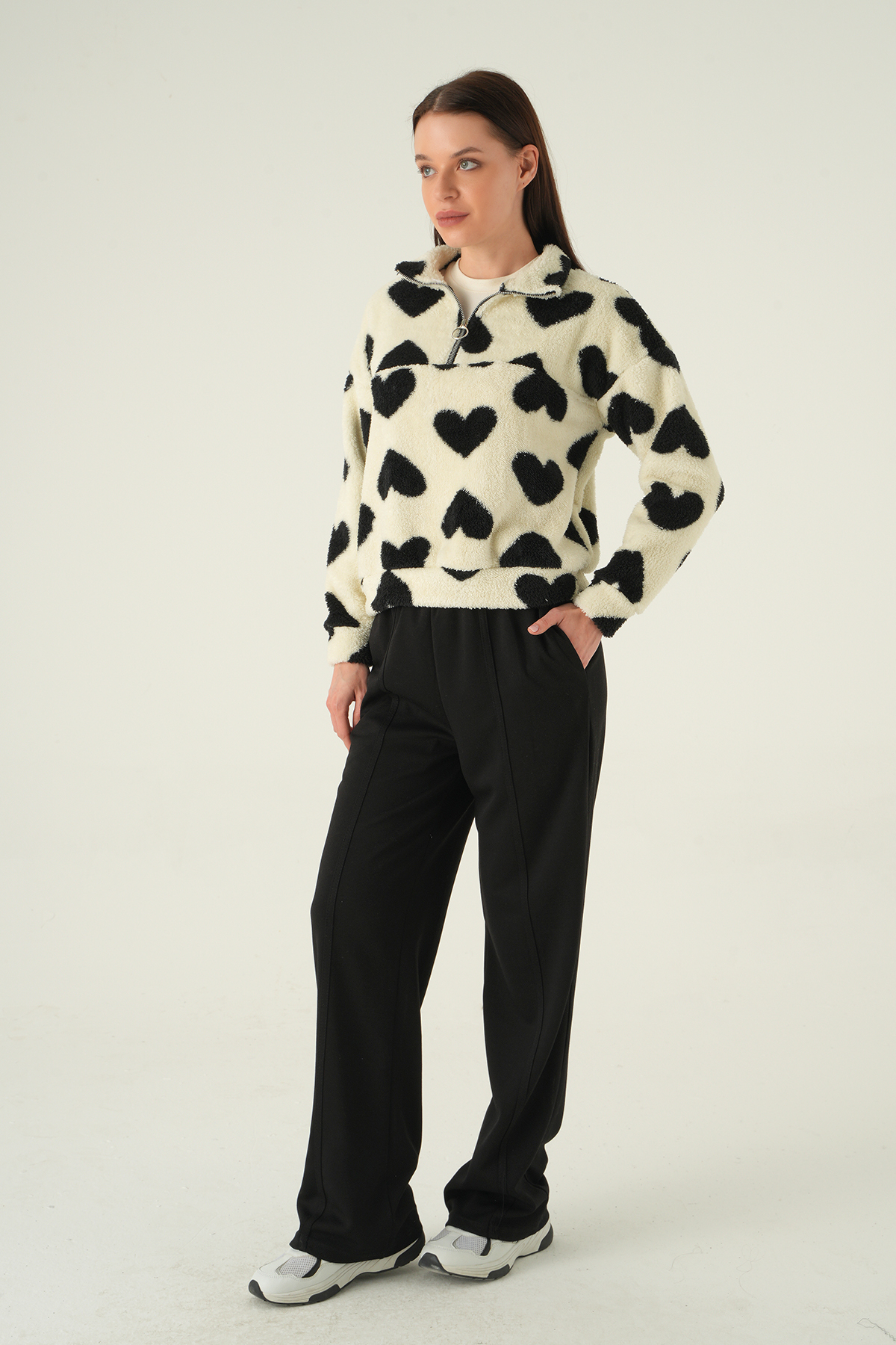 3121A Kalpli Fermuarlı Sweat Ekru - 3