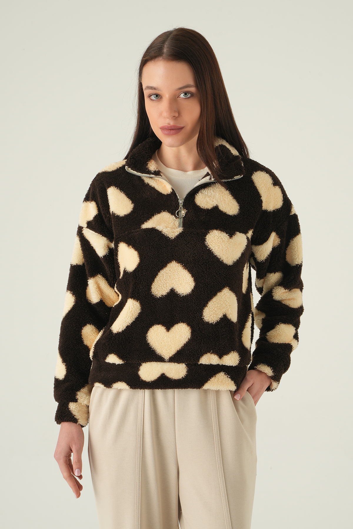 Kalpli Fermuarlı Sweat 3121A Kahve - RAYS