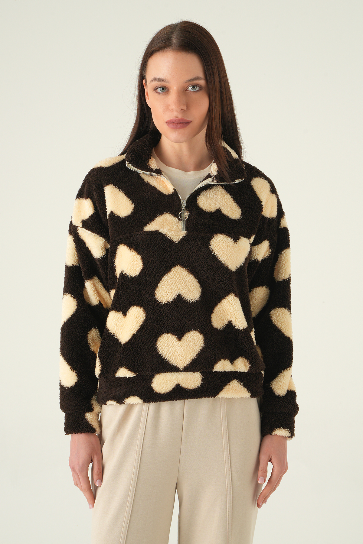 Kahve Kalpli Fermuarlı Sweat 3121A - 2