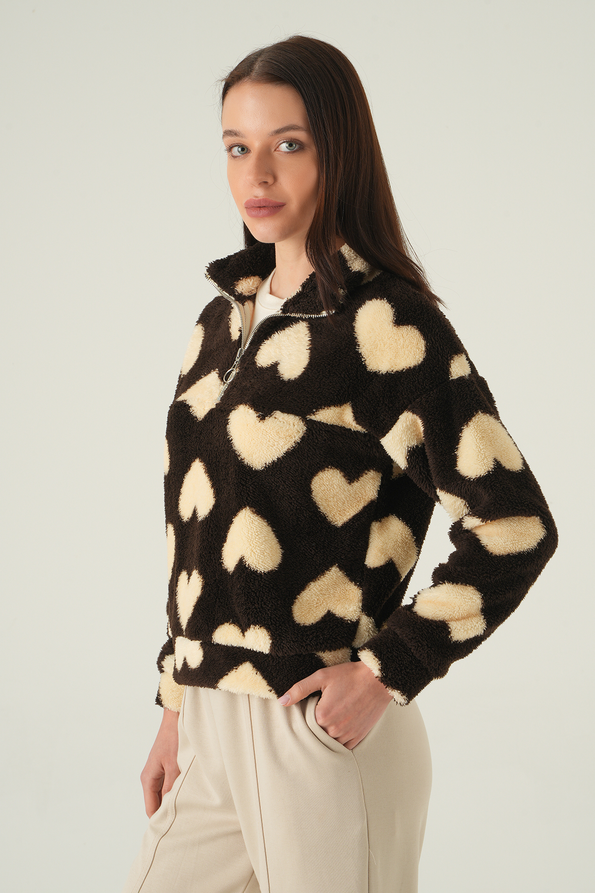 Kahve Kalpli Fermuarlı Sweat 3121A - 6