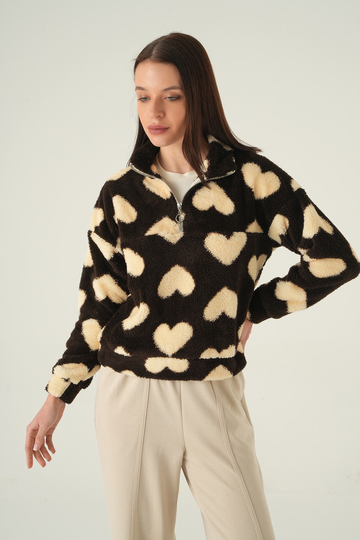 Kahve Kalpli Fermuarlı Sweat 3121A - 7