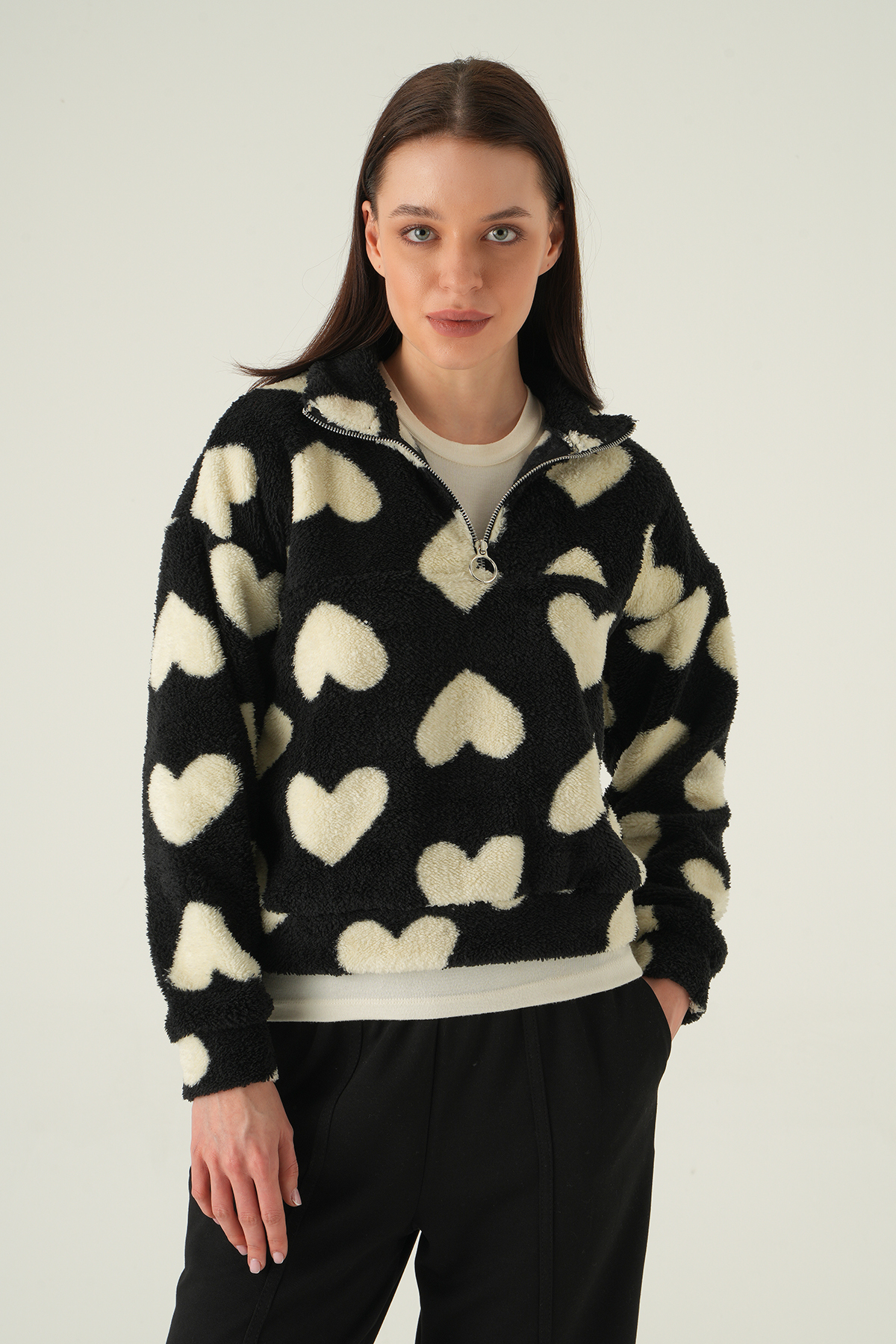Siyah Kalpli Fermuarlı Sweat 3121A - 1