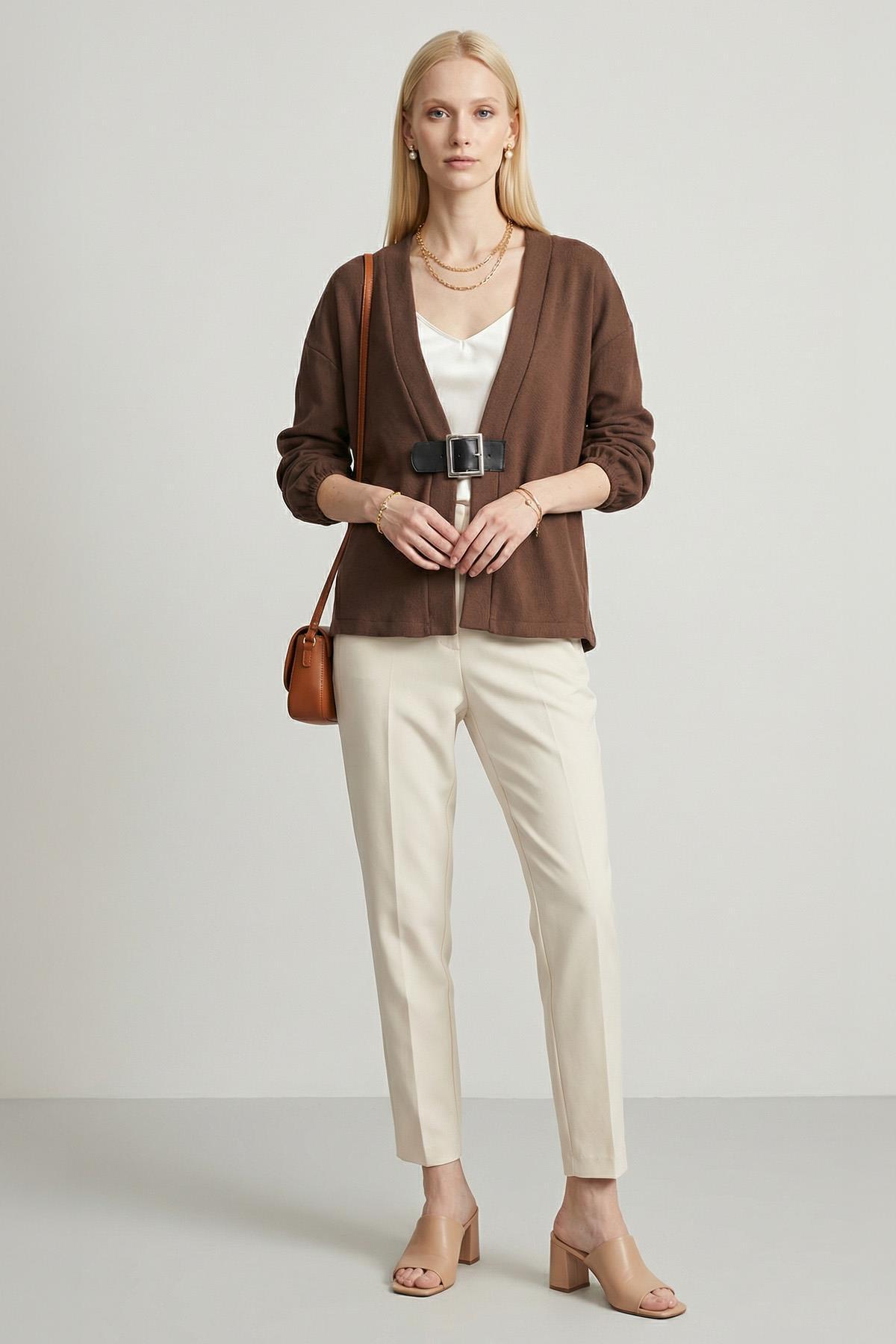 3123A Önden Kemerli Kimono Kahve - 1