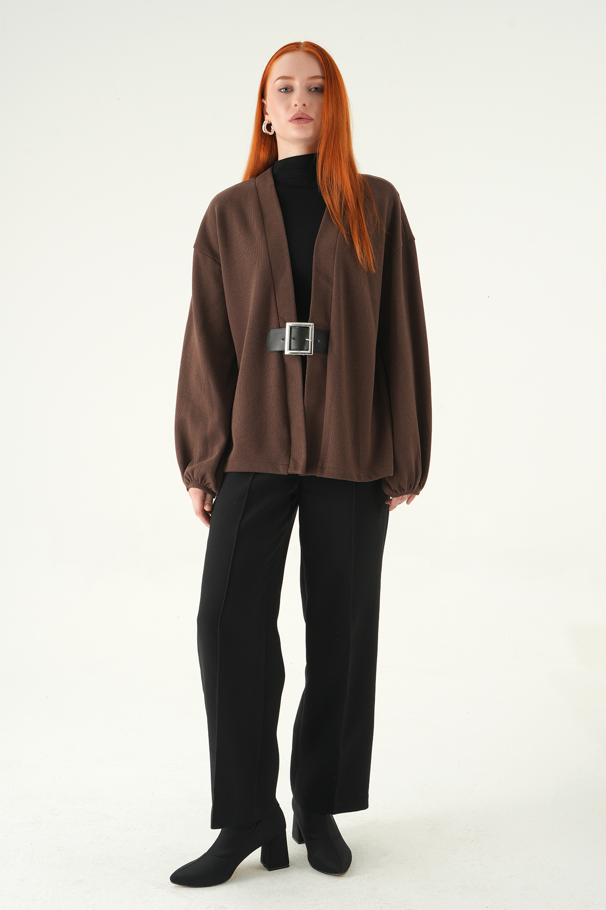 3123A Önden Kemerli Kimono Kahve - RAYS