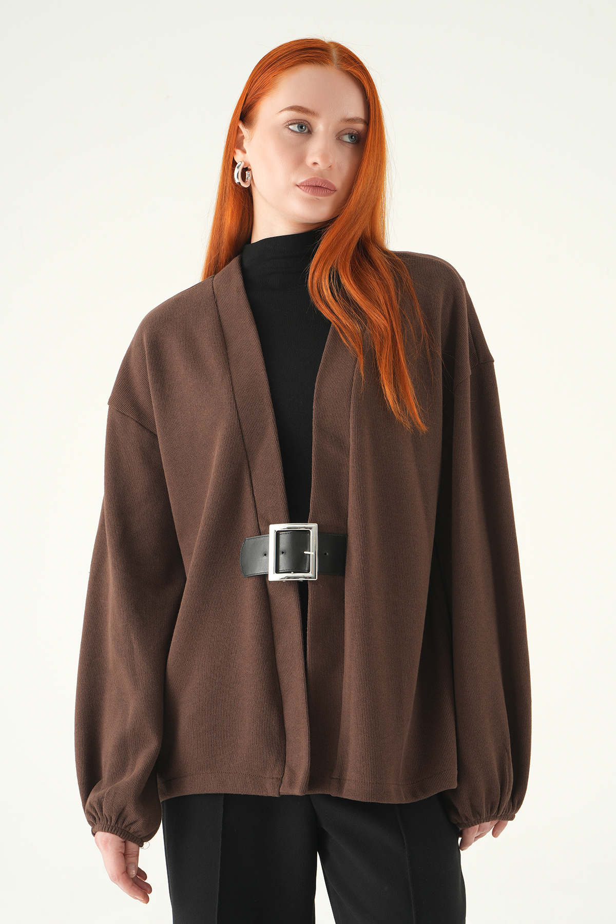 3123A Önden Kemerli Kimono Kahve - RAYS (1)