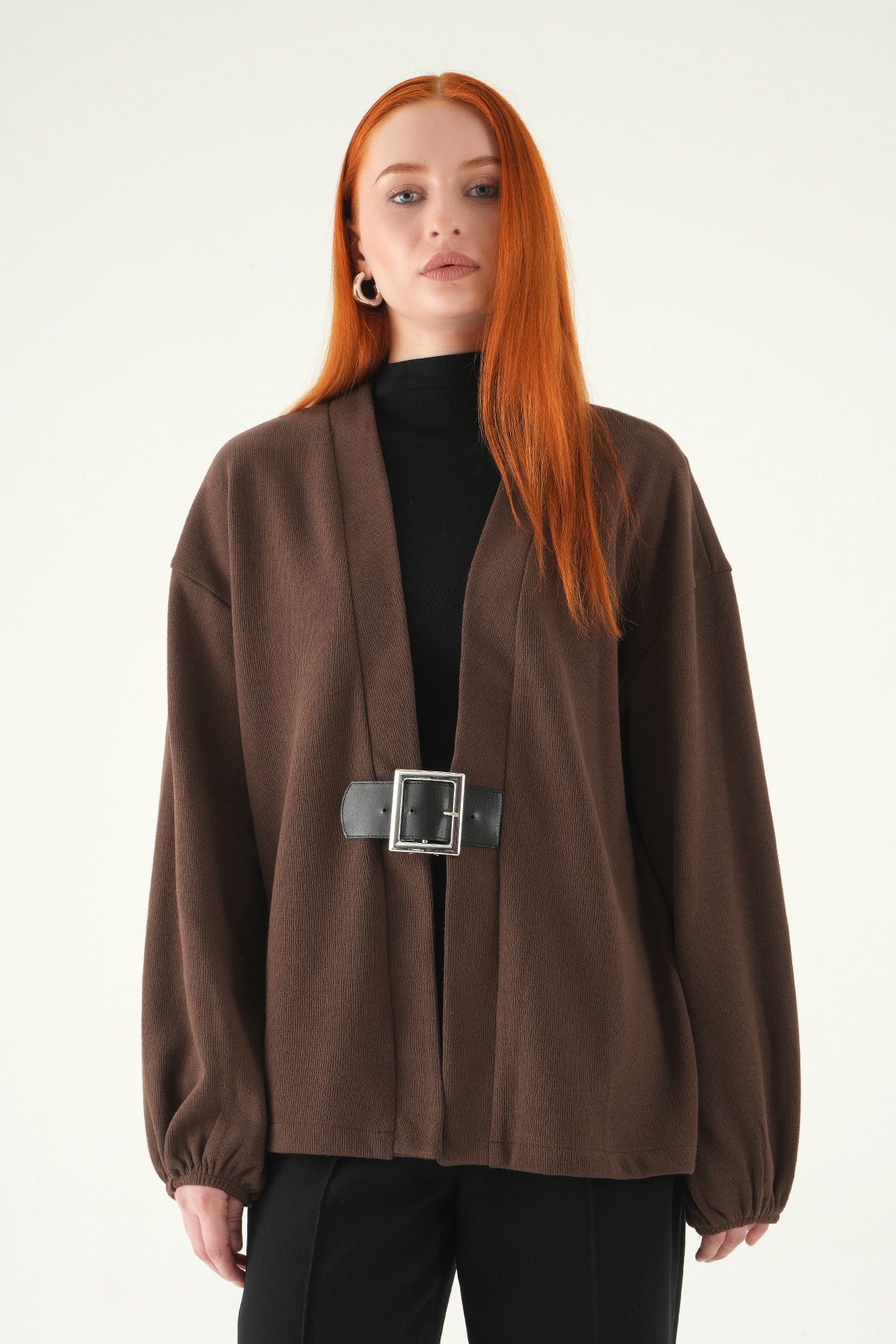 Kahve Önden Kemerli Kimono 3123A - 7