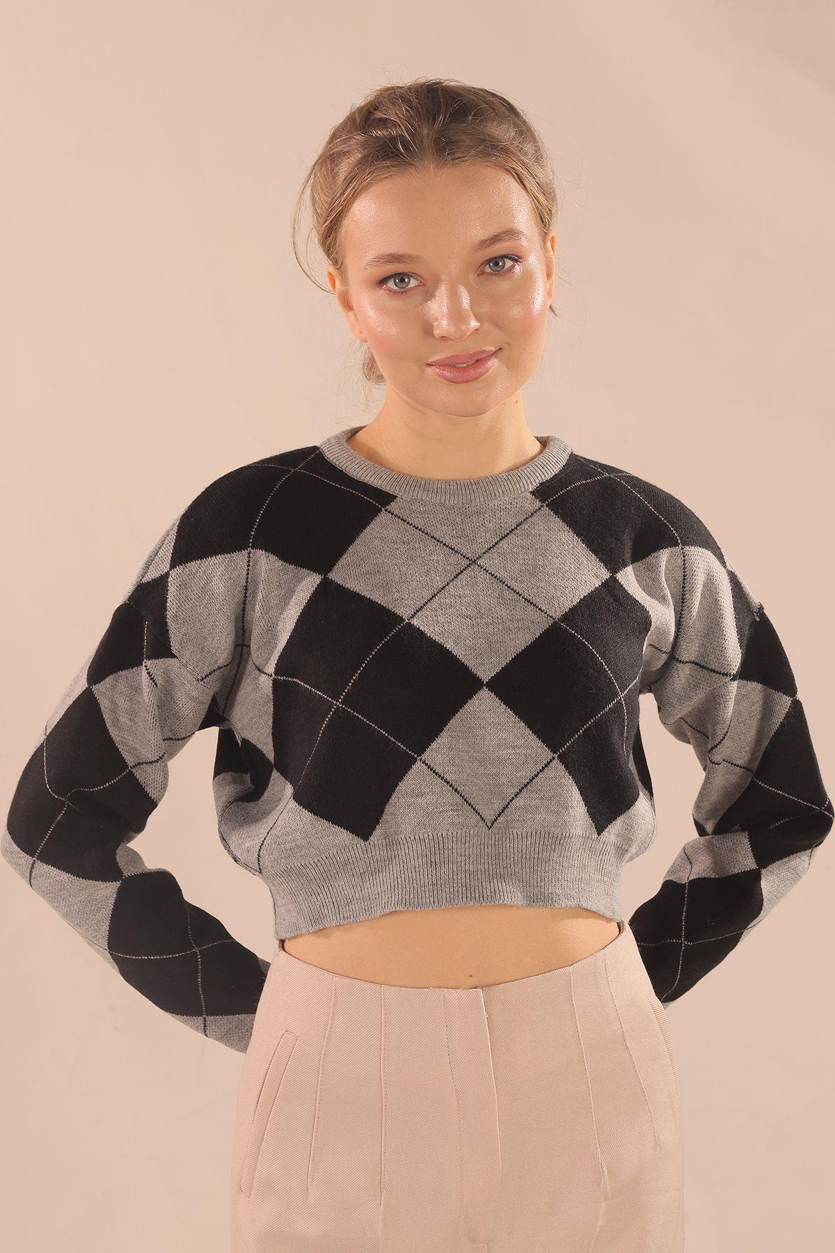 Gri Baklava Desen Kazak 3125 