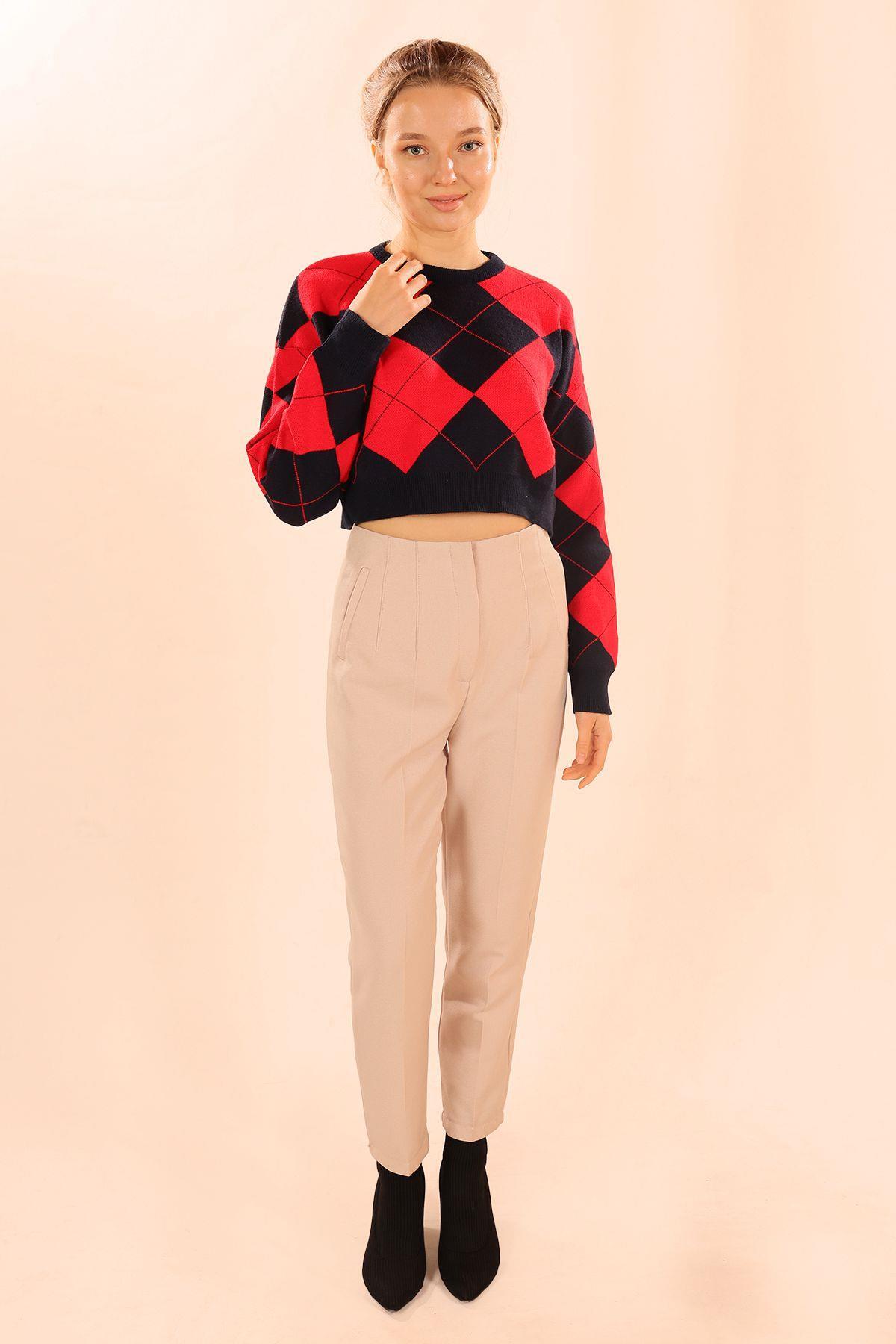 Kırmızı Baklava Desen Kazak 3125 - 8