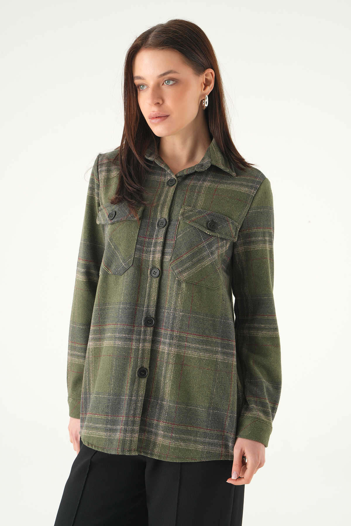 3126A Çift Çepli Ekose Gömlek Haki 