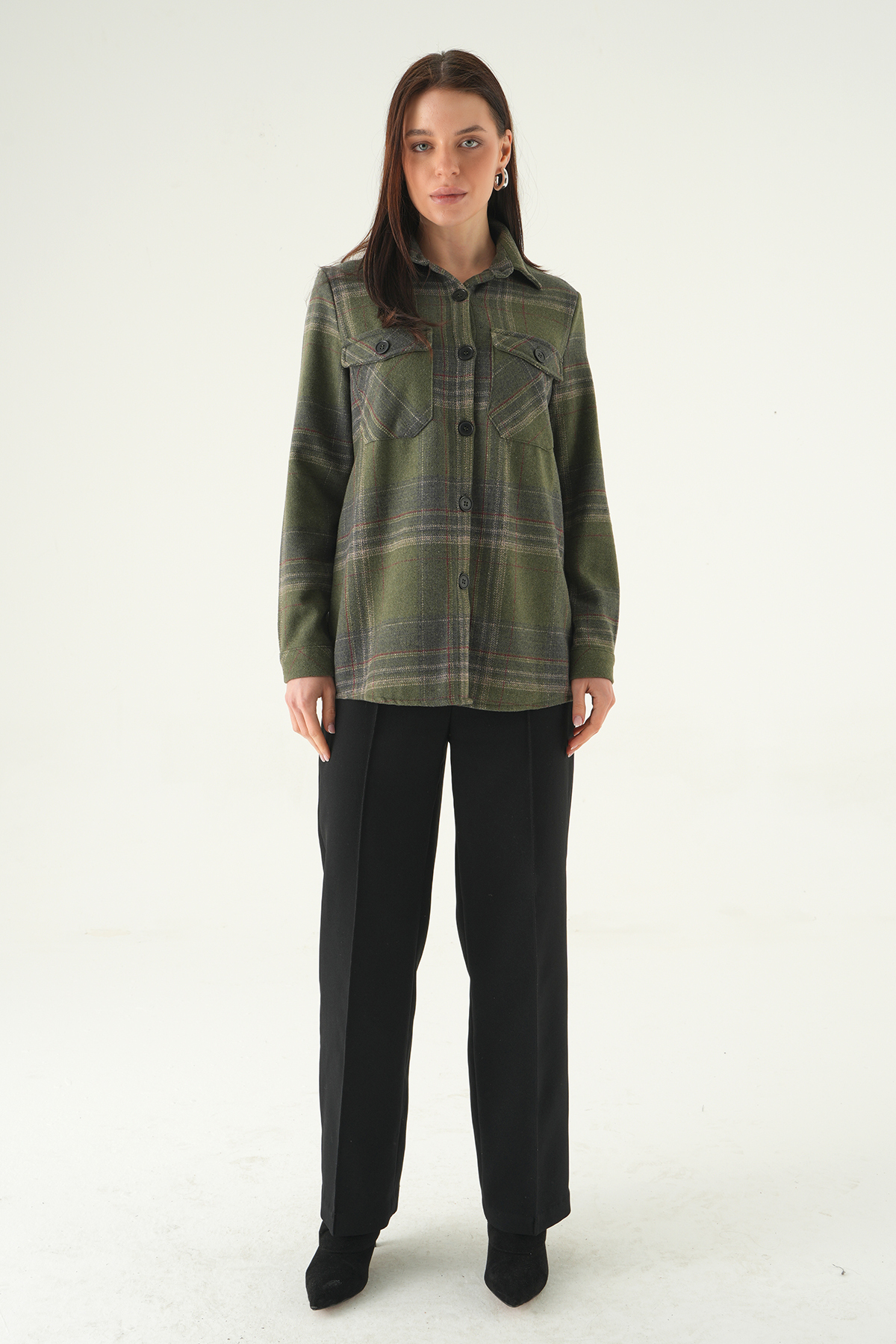 3126A Çift Çepli Ekose Gömlek Haki - 3