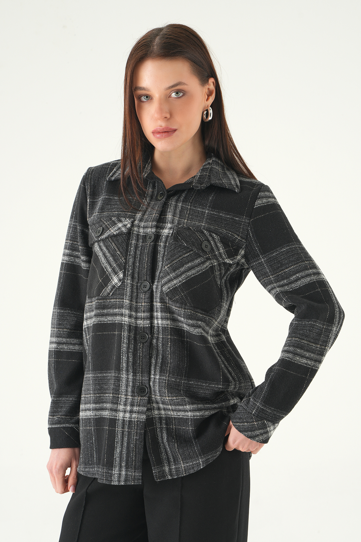 3126A Çift Çepli Ekose Gömlek Siyah - 2