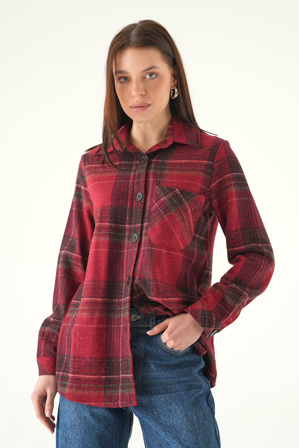 3127A Ön Düğmeli Gömlek Bordo 