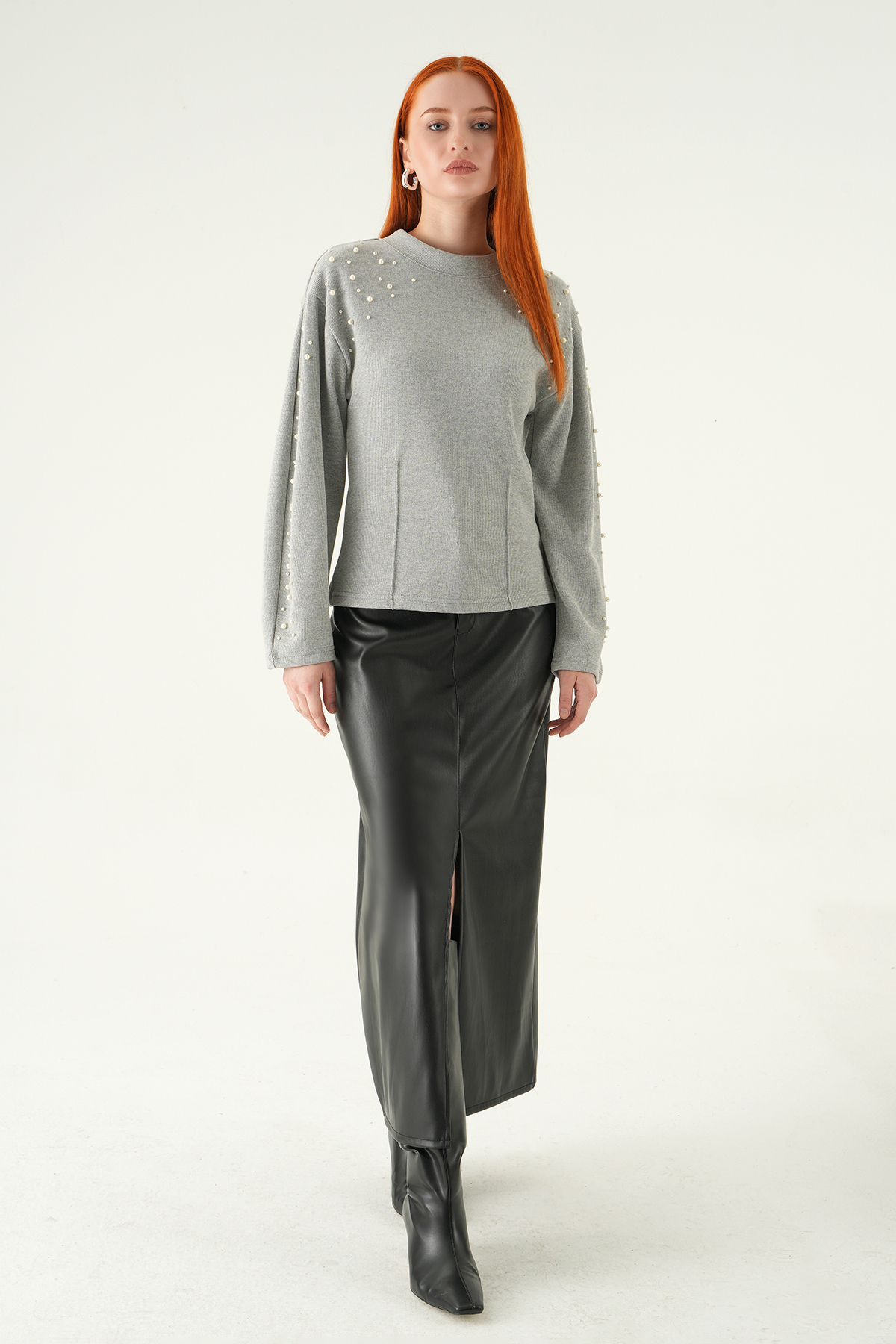 Gri İnci Detay Kazak 3129A - 3