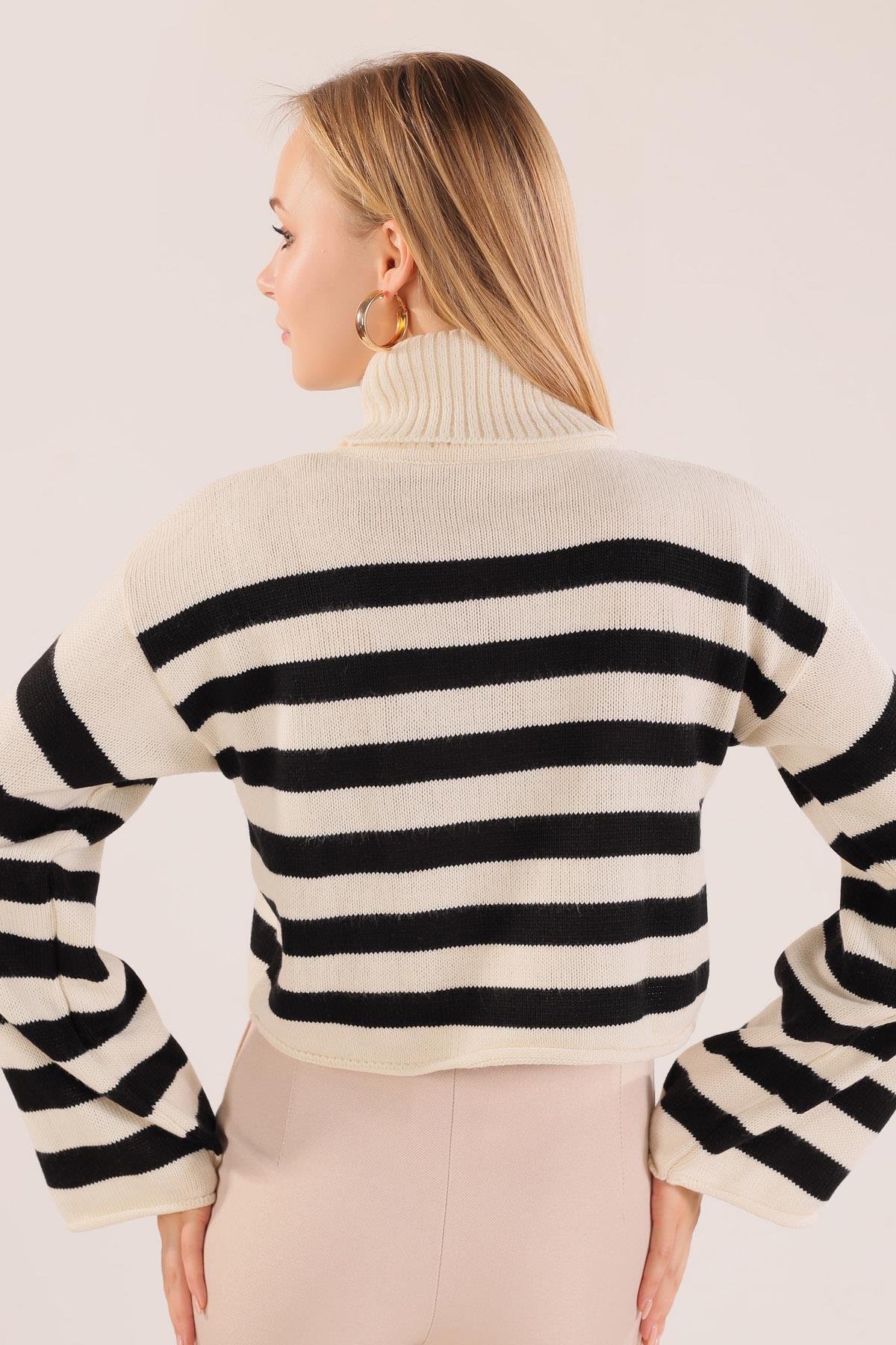 3136 Balıkçı Yaka Çizgili Kazak Ekru - 6