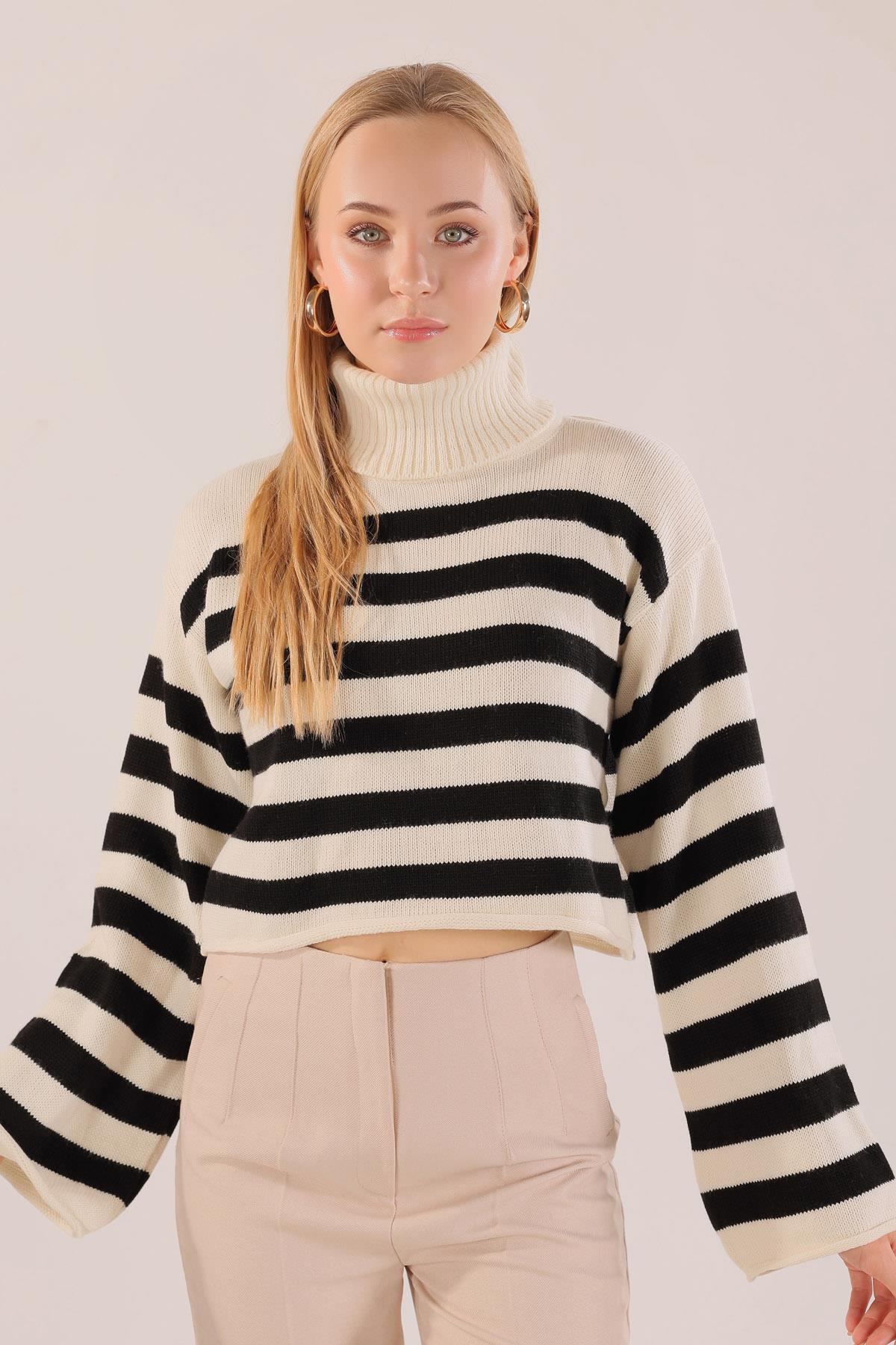 Ekru Balıkçı Yaka Çizgili Kazak 3136 - 1