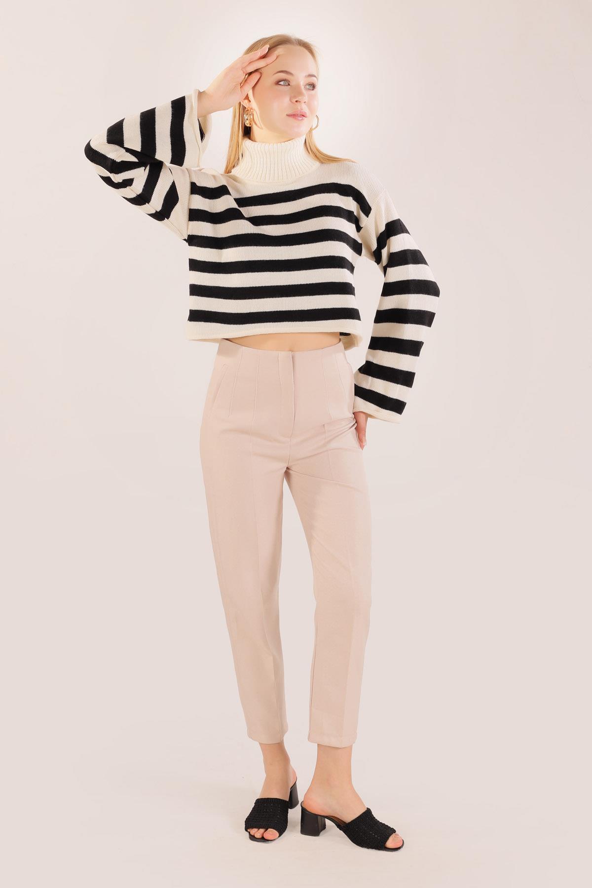 Ekru Balıkçı Yaka Çizgili Kazak 3136 - 3