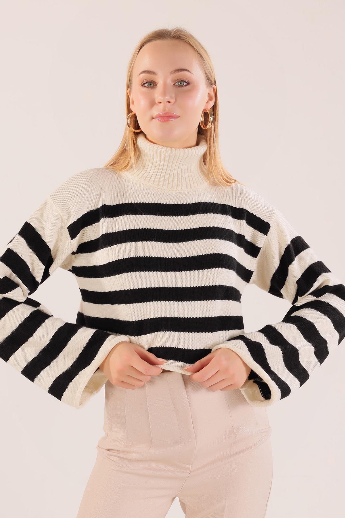 Ekru Balıkçı Yaka Çizgili Kazak 3136 - 4