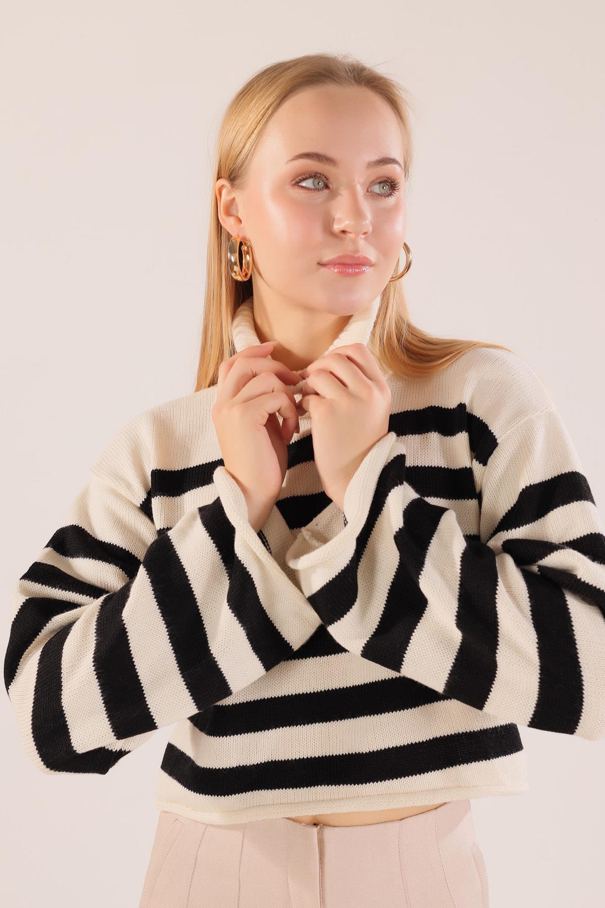 Ekru Balıkçı Yaka Çizgili Kazak 3136 - 5