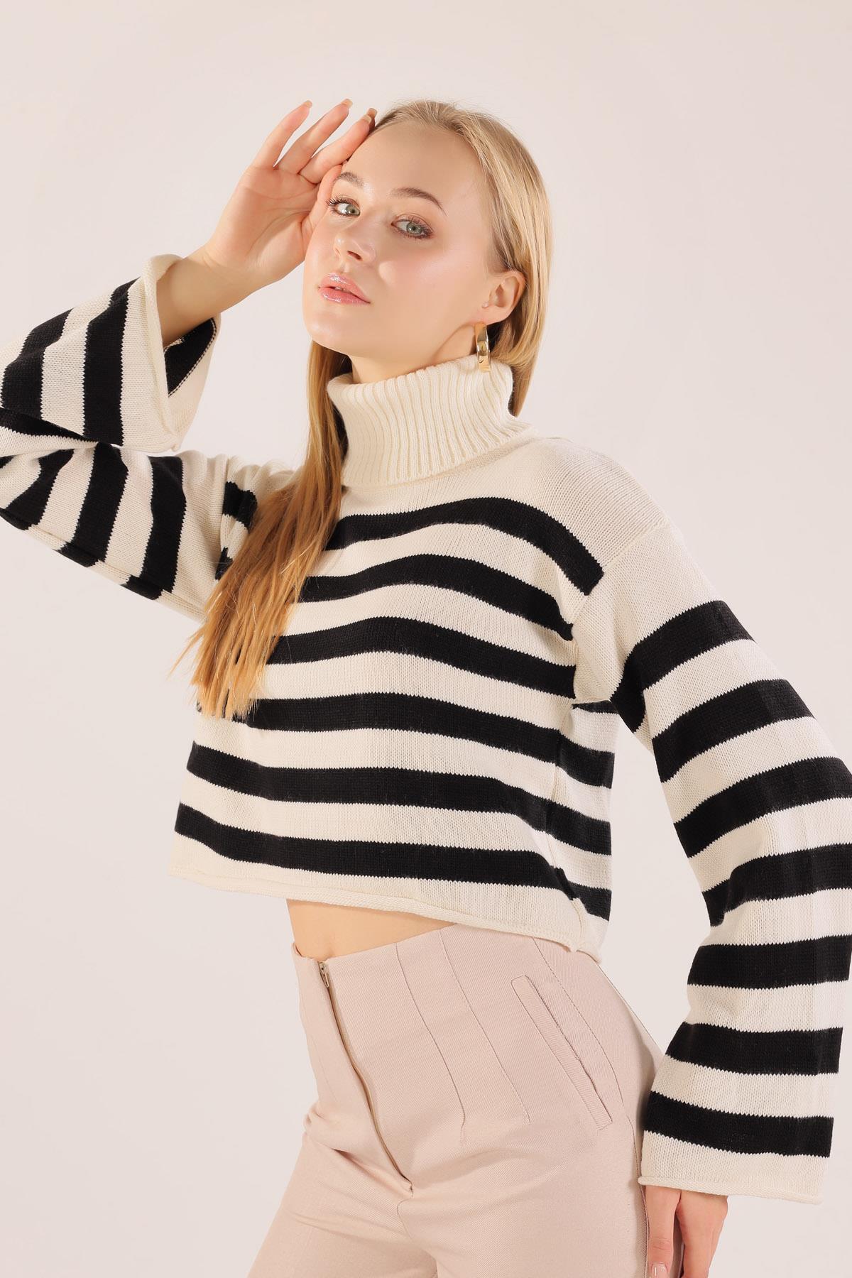 Ekru Balıkçı Yaka Çizgili Kazak 3136 - 7