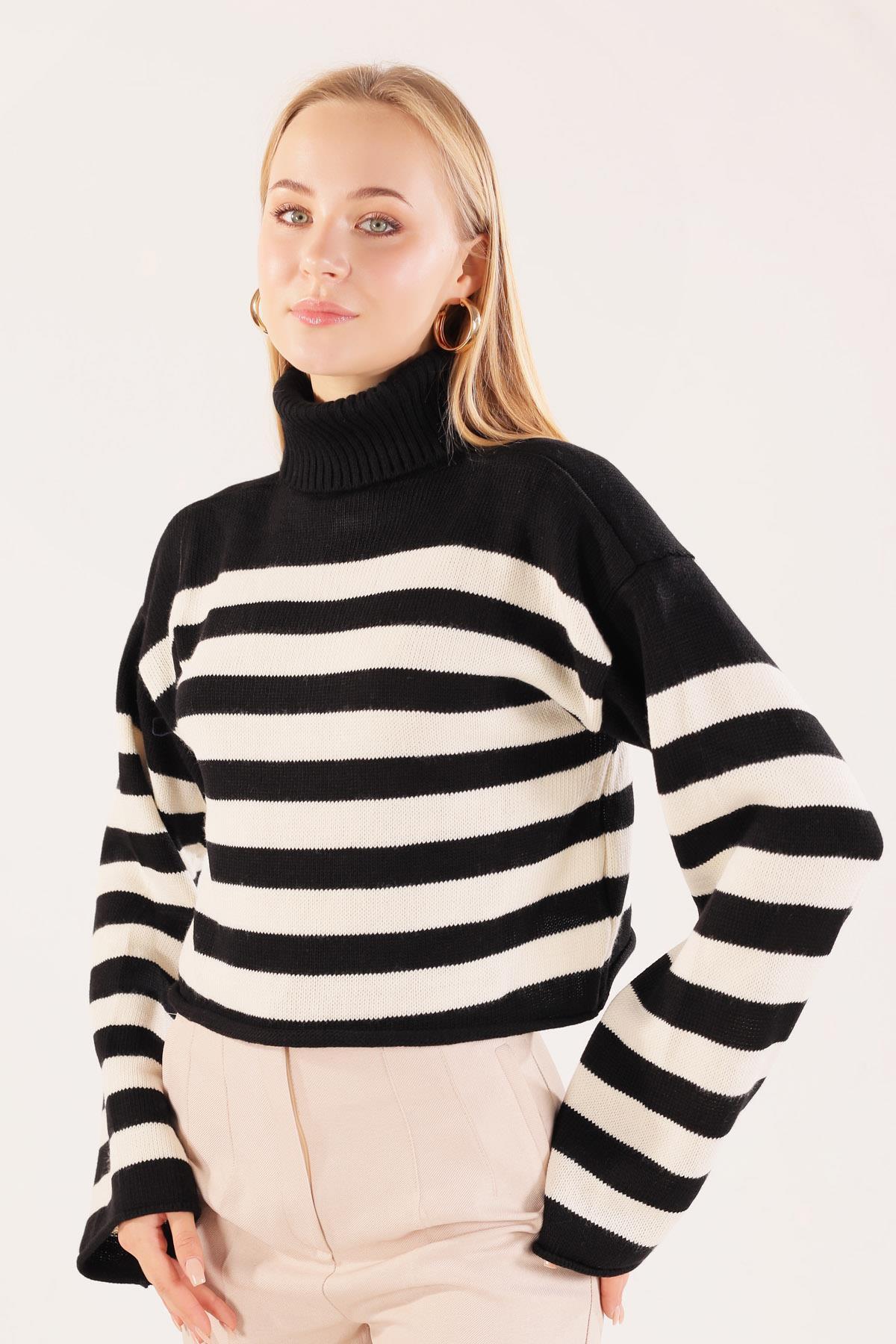 3136 Balıkçı Yaka Çizgili Kazak Siyah - 1