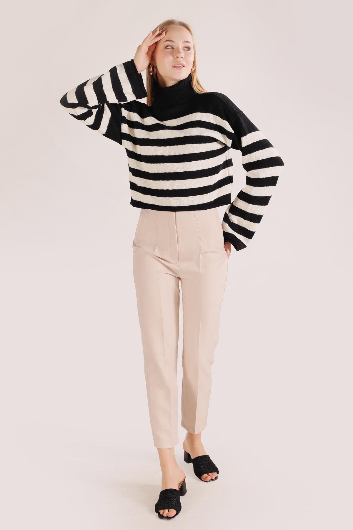 3136 Balıkçı Yaka Çizgili Kazak Siyah - 3