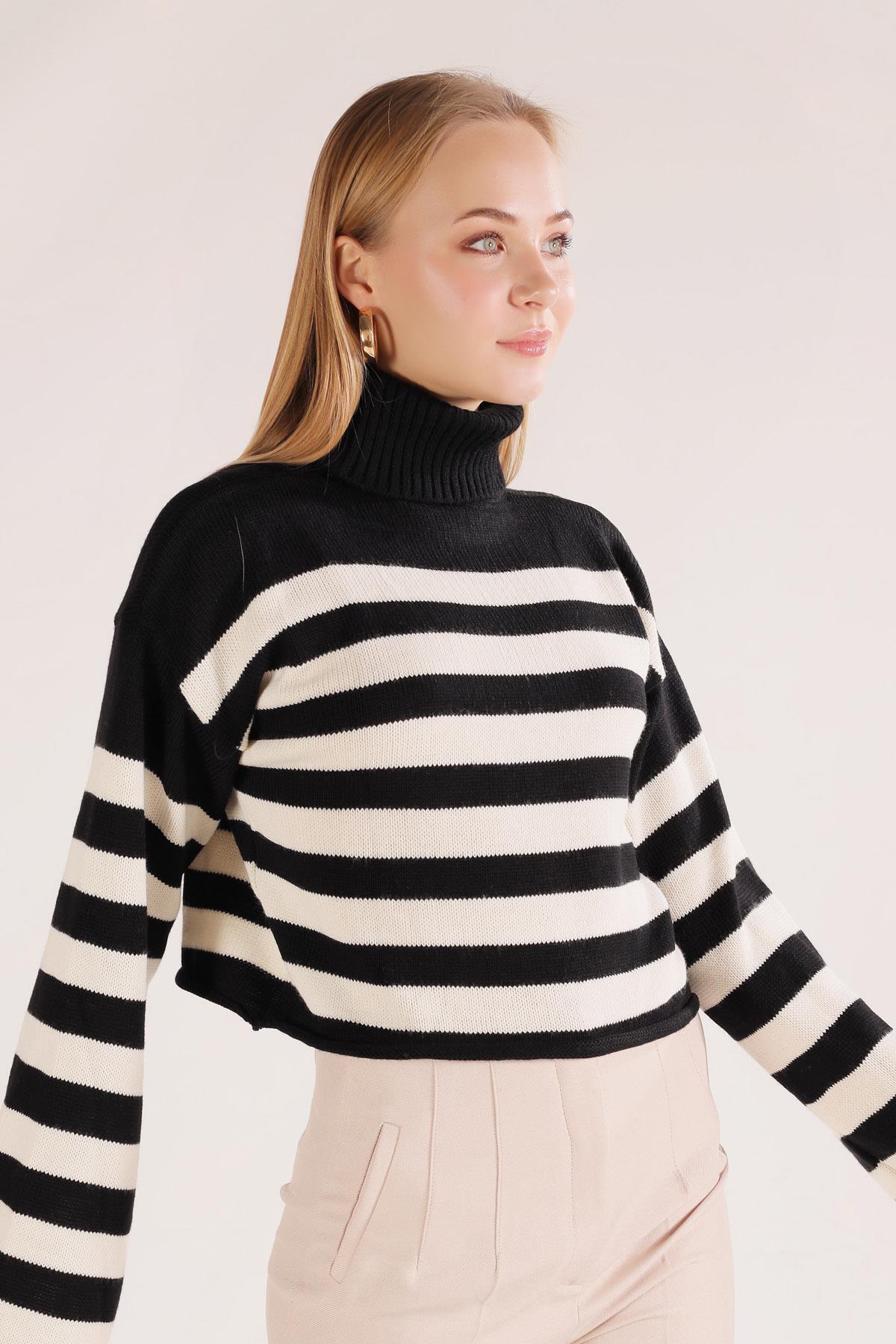 Siyah Balıkçı Yaka Çizgili Kazak 3136 - 4