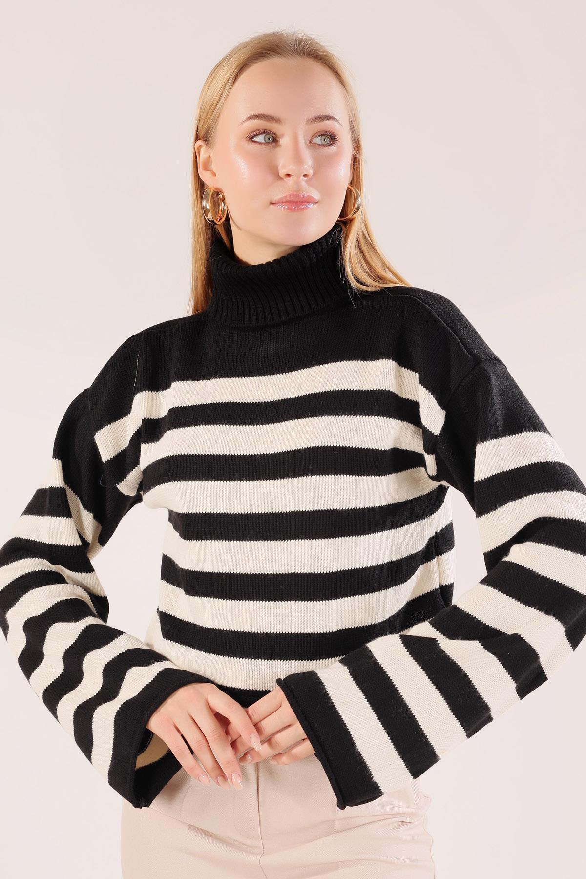 Siyah Balıkçı Yaka Çizgili Kazak 3136 - 5