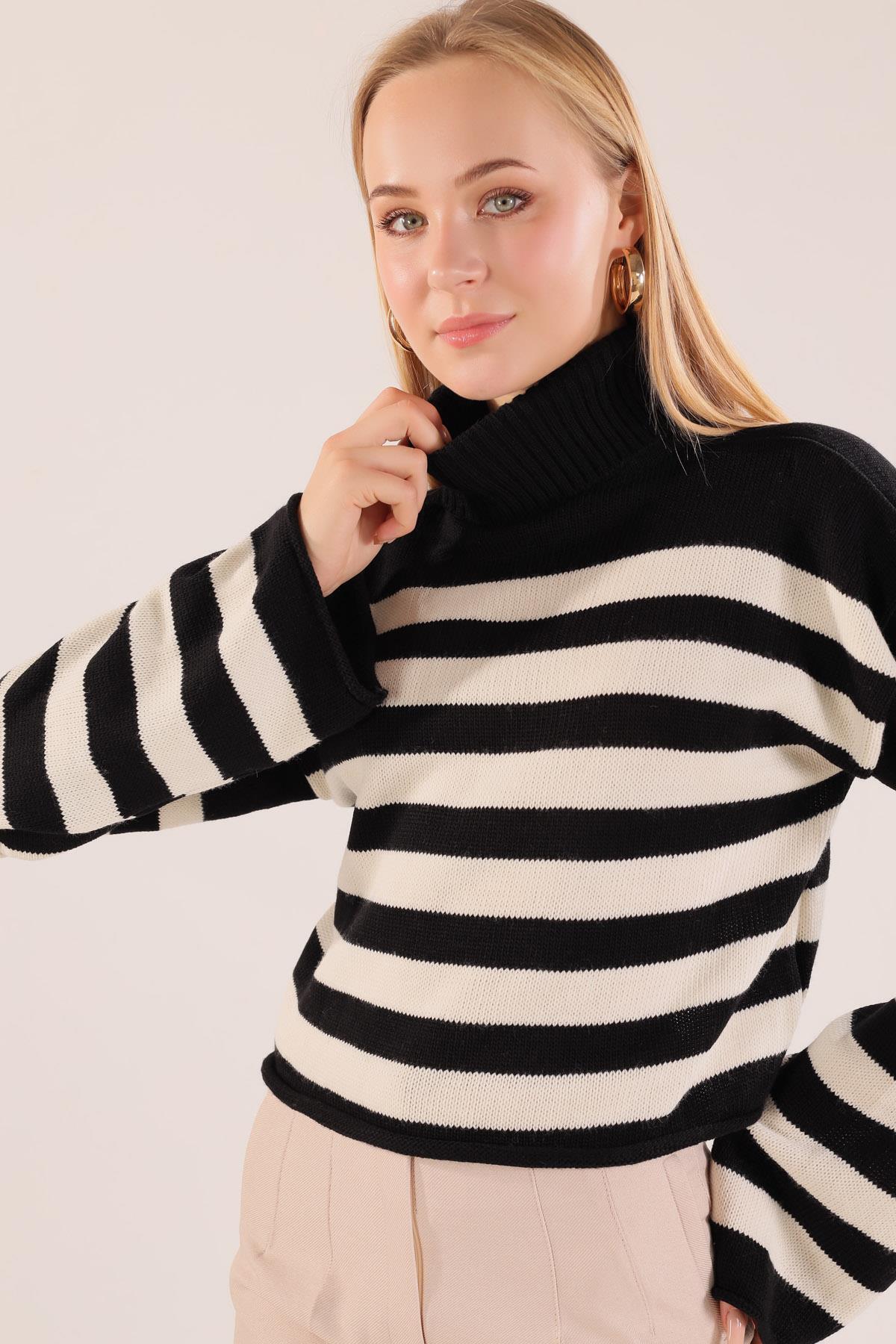 Siyah Balıkçı Yaka Çizgili Kazak 3136 - 6