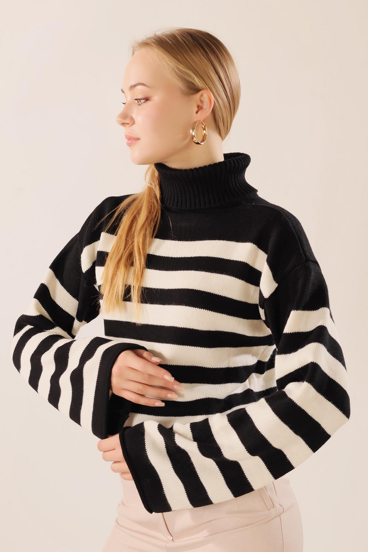 Siyah Balıkçı Yaka Çizgili Kazak 3136 - 8