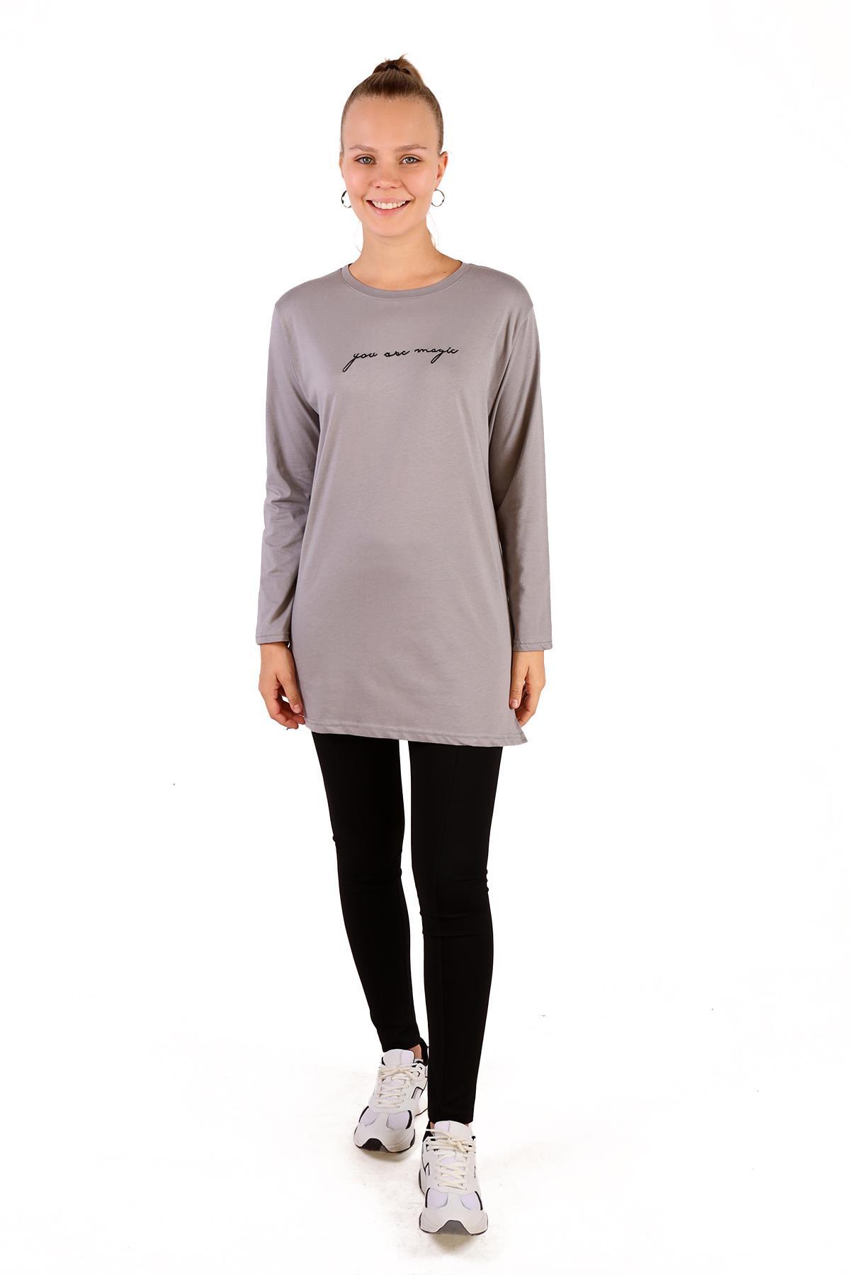 3158 You Are Magic Baskılı Uzun Kol Tişört Gri 