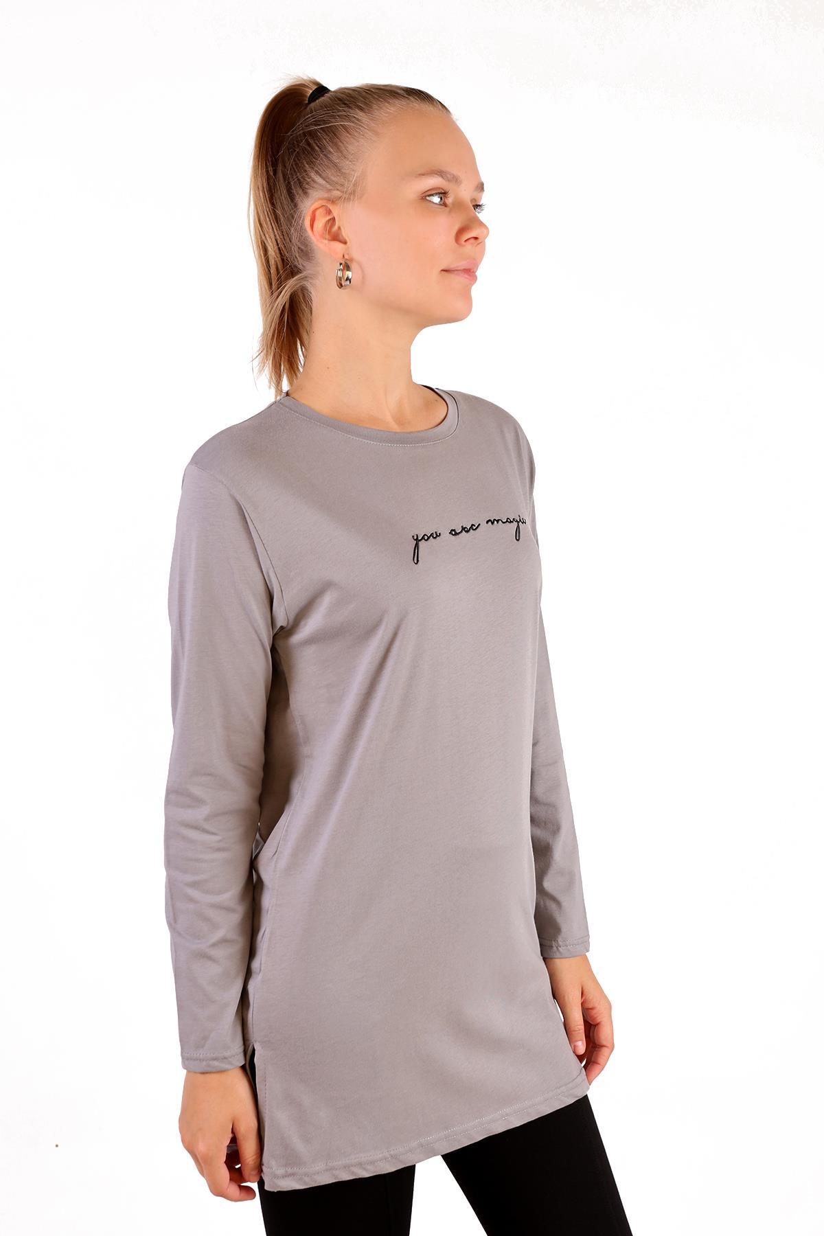 Gri You Are Magic Baskılı Uzun Kol Tunik 3158 - 2