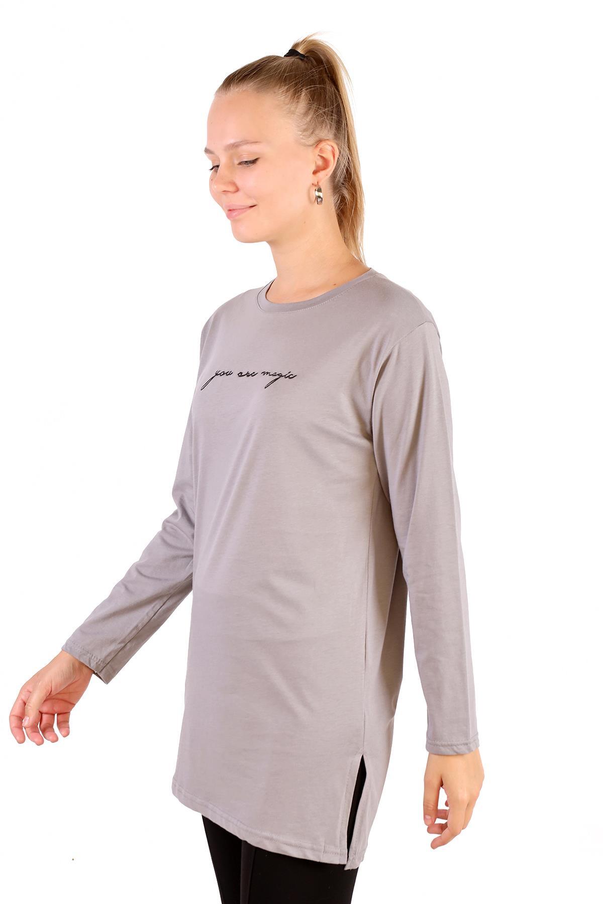 Gri You Are Magic Baskılı Uzun Kol Tunik 3158 - 3