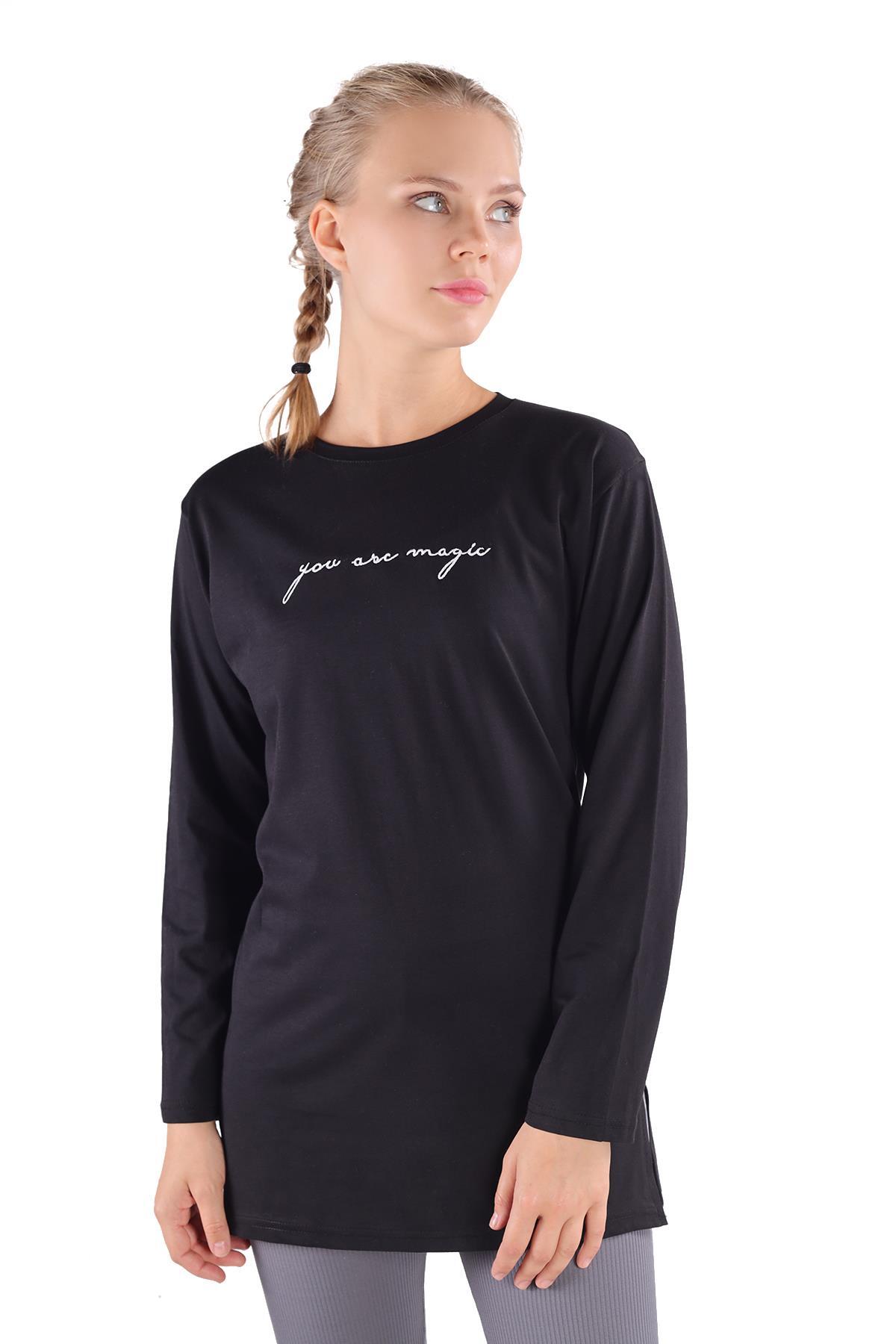Siyah You Are Magic Baskılı Uzun Kol Tunik 3158 - 1