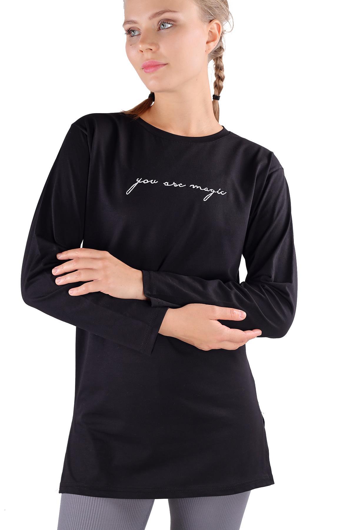 Siyah You Are Magic Baskılı Uzun Kol Tunik 3158 - 3