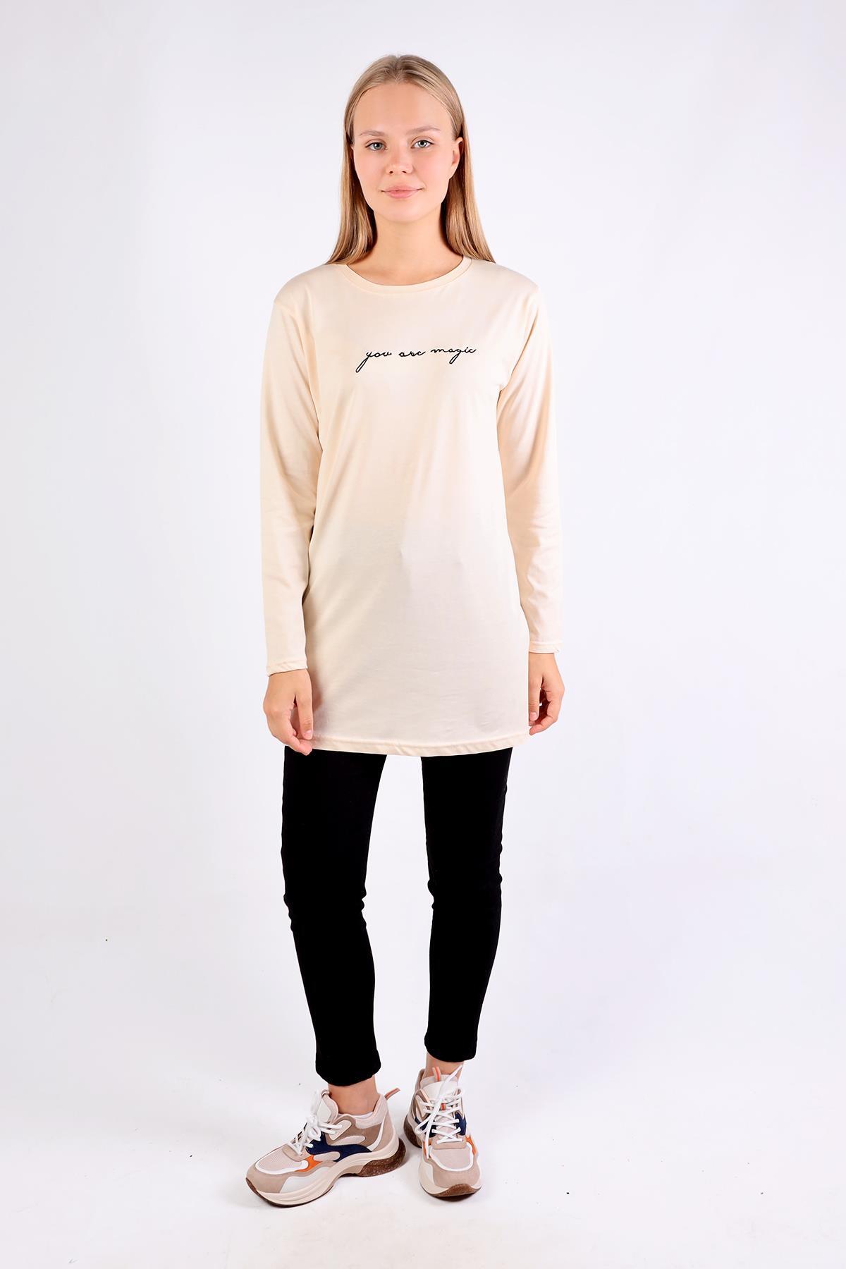 3158 You Are Magic Baskılı Uzun Kol Tişört Taş 