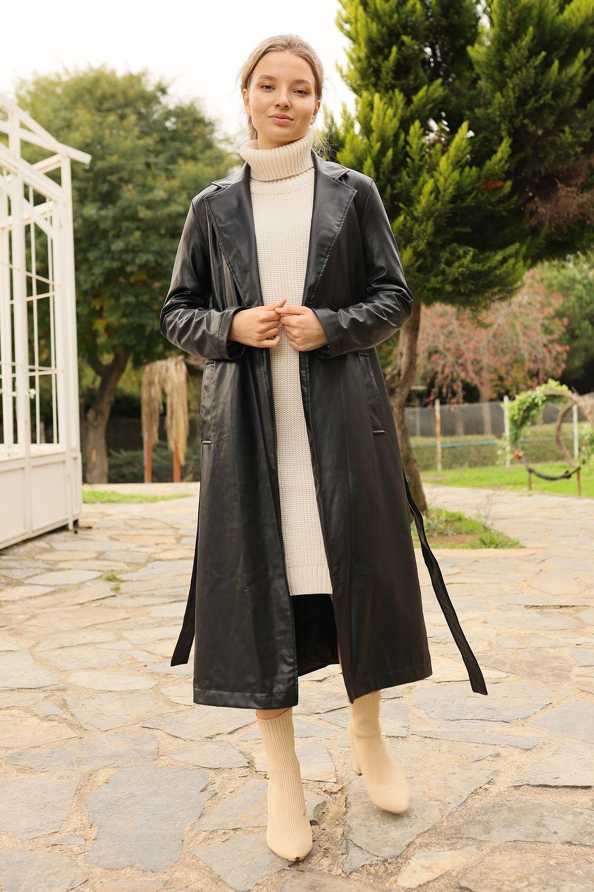3165 Kuşaklı Deri Trençkot Siyah - 7