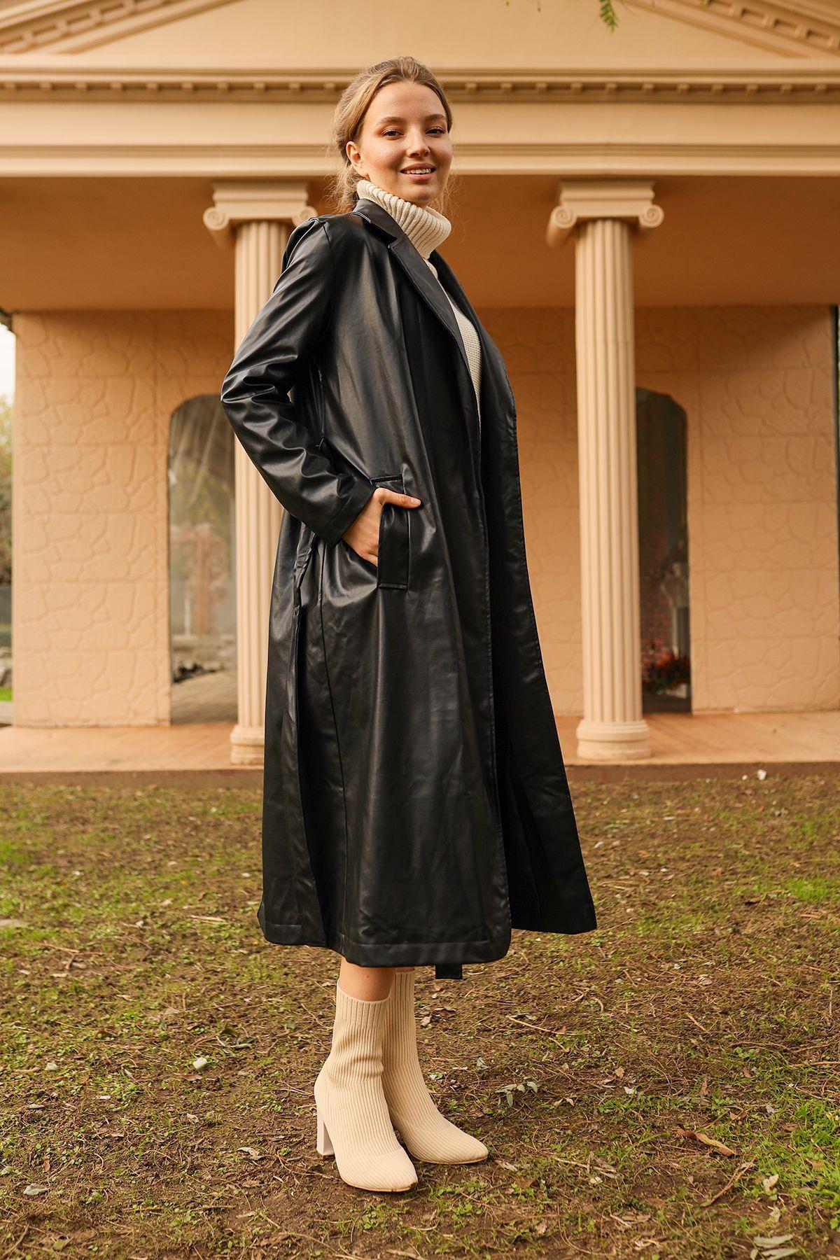 3165 Kuşaklı Deri Trençkot Siyah - 1