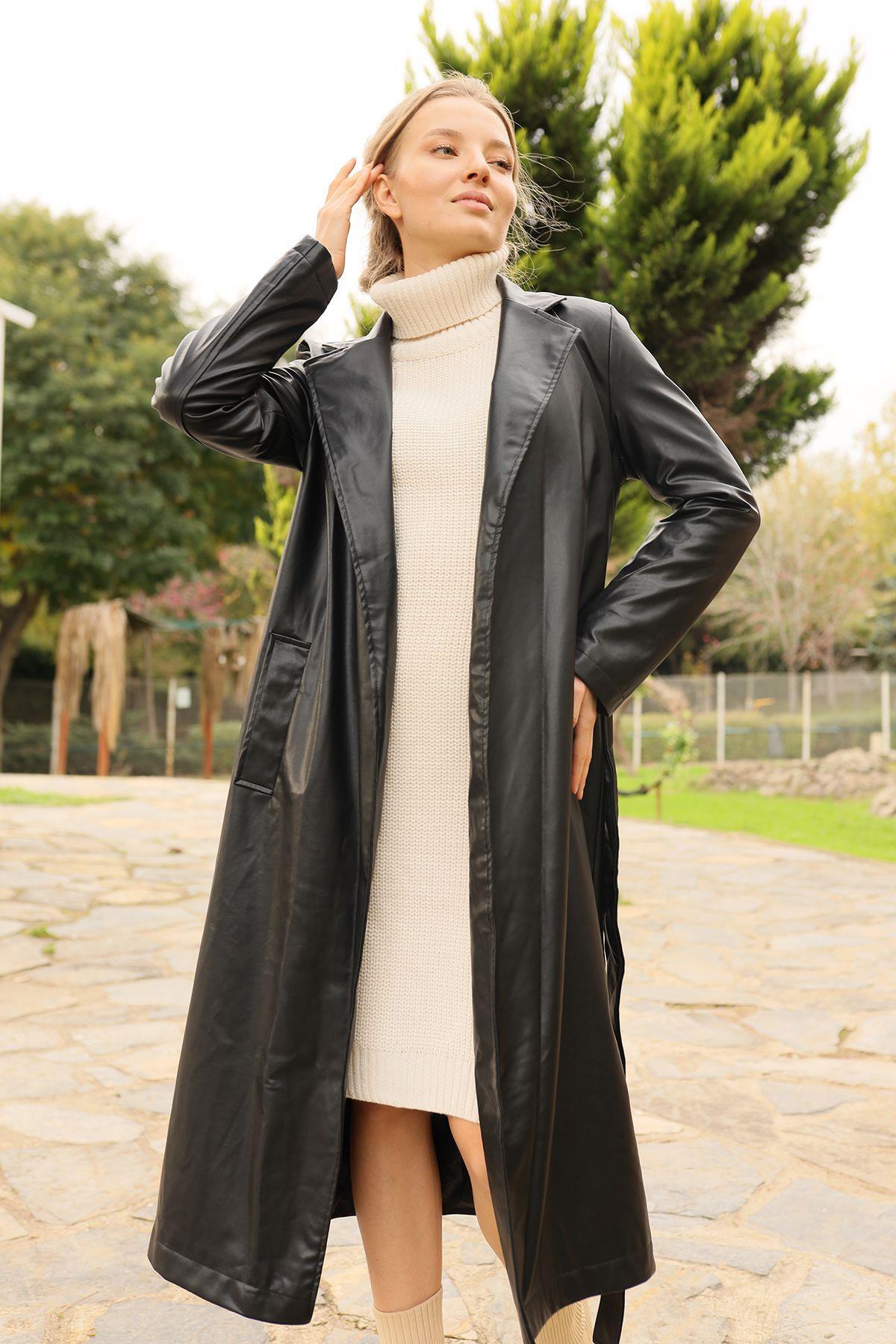 3165 Kuşaklı Deri Trençkot Siyah - 8