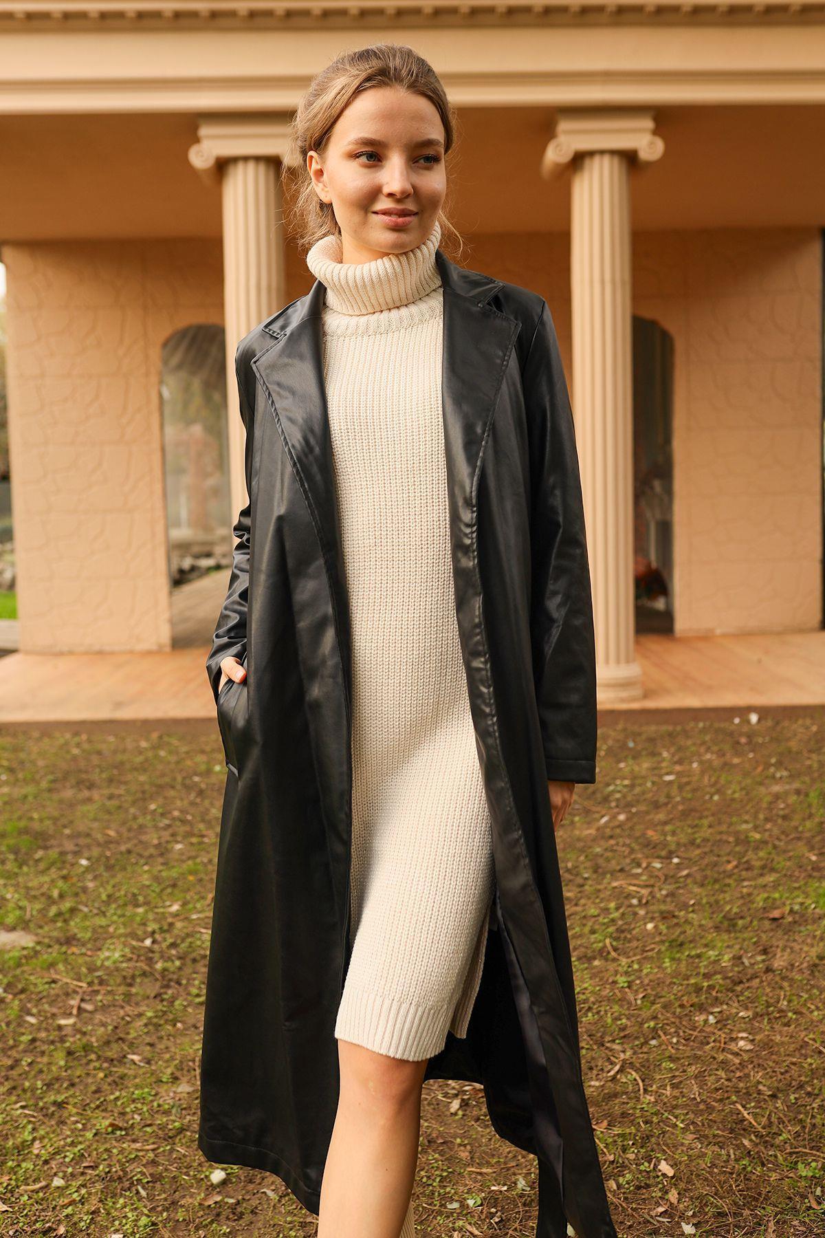 Siyah Kuşaklı Deri Trençkot 3165 - 2