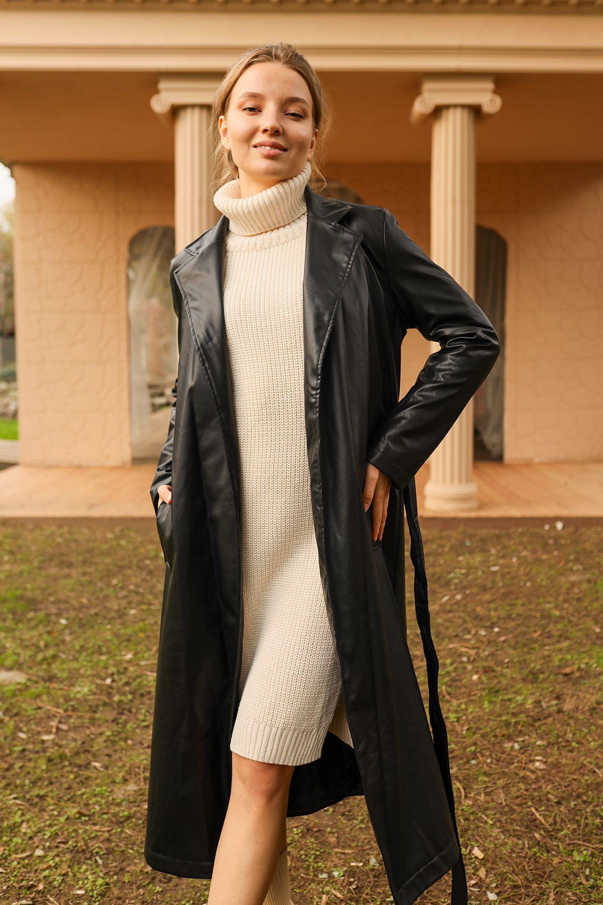 Siyah Kuşaklı Deri Trençkot 3165 - 3