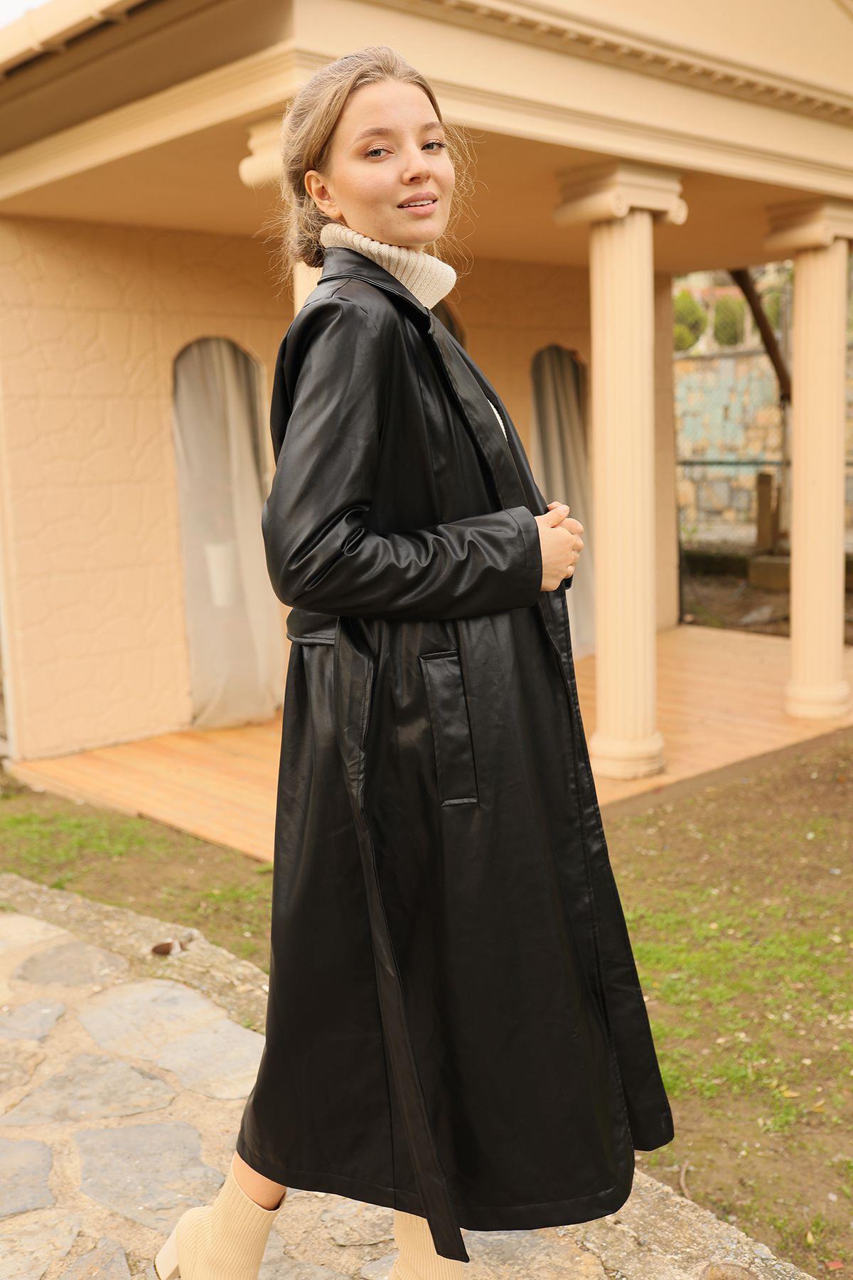 Siyah Kuşaklı Deri Trençkot 3165 - 4