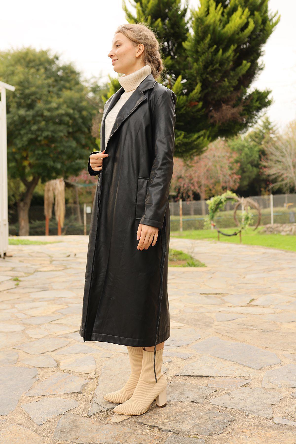 Siyah Kuşaklı Deri Trençkot 3165 - 5