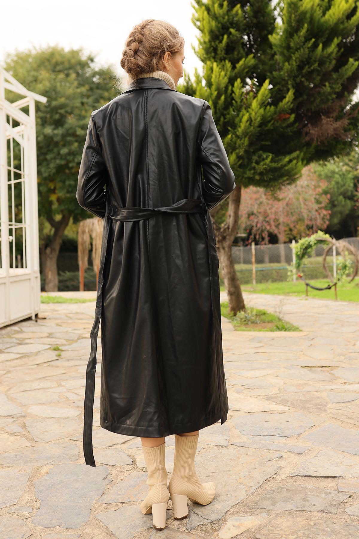 Siyah Kuşaklı Deri Trençkot 3165 - 6