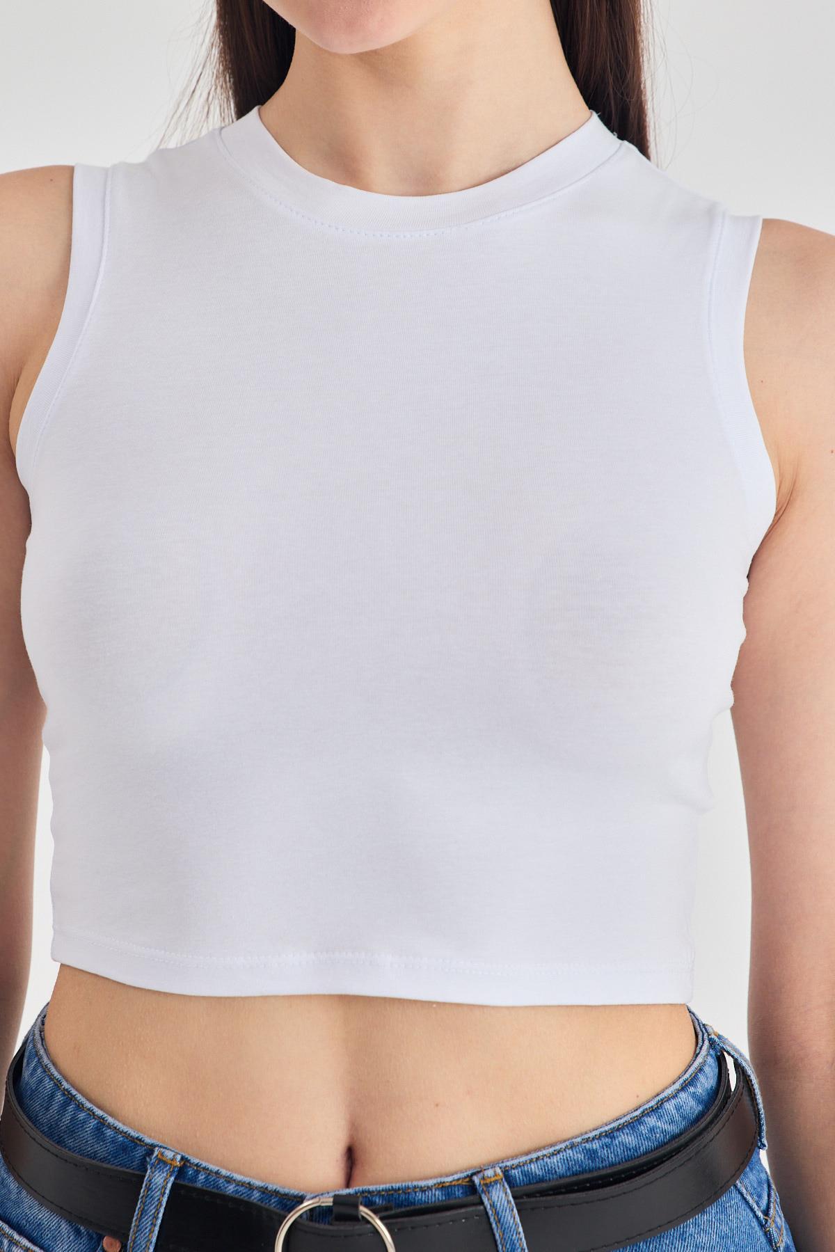 Beyaz Kolsuz Bisiklet Yaka Crop Atlet 318 - 4